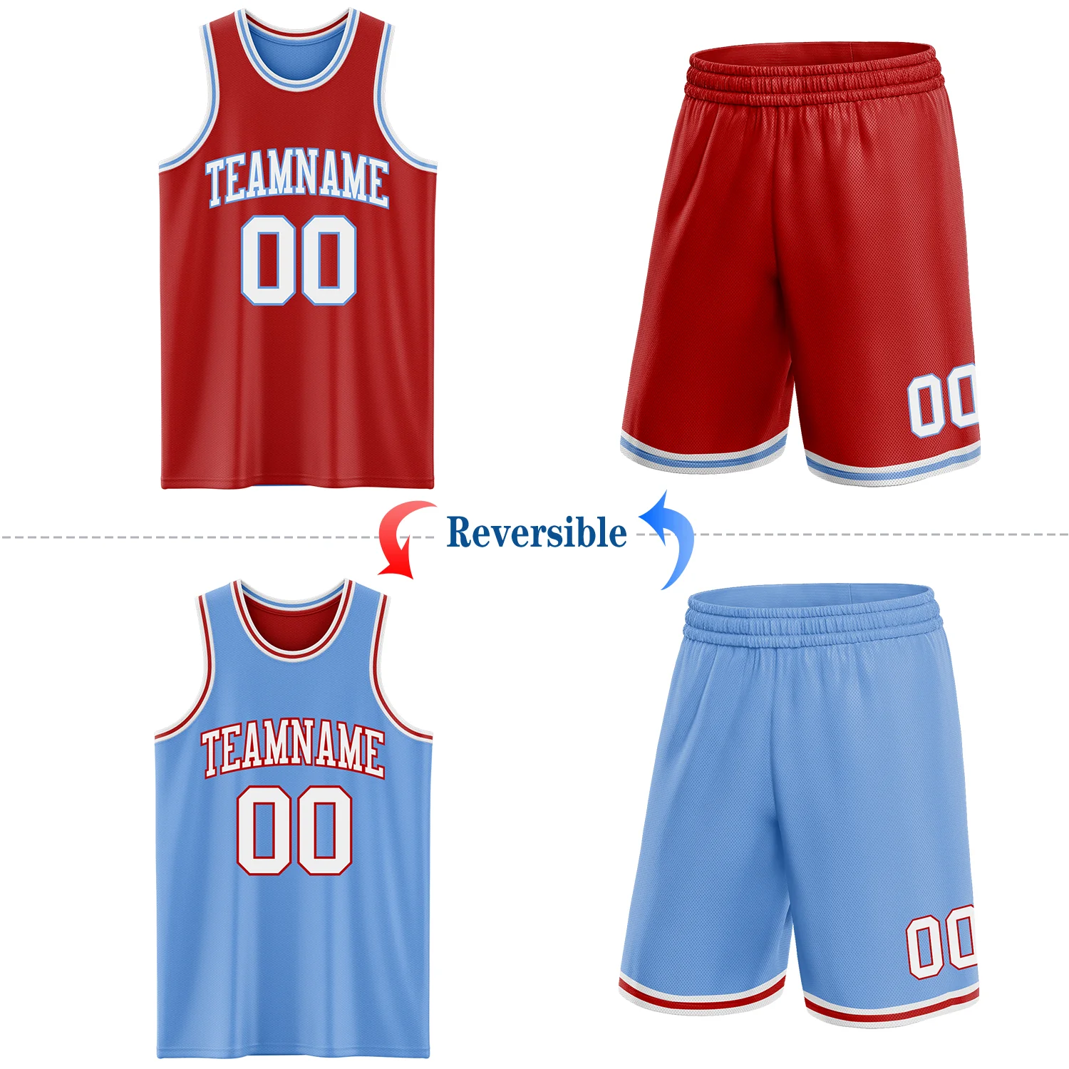 Custom Red White-Light Blue Reversible Double Side Sublimation Basketball Suit Jersey