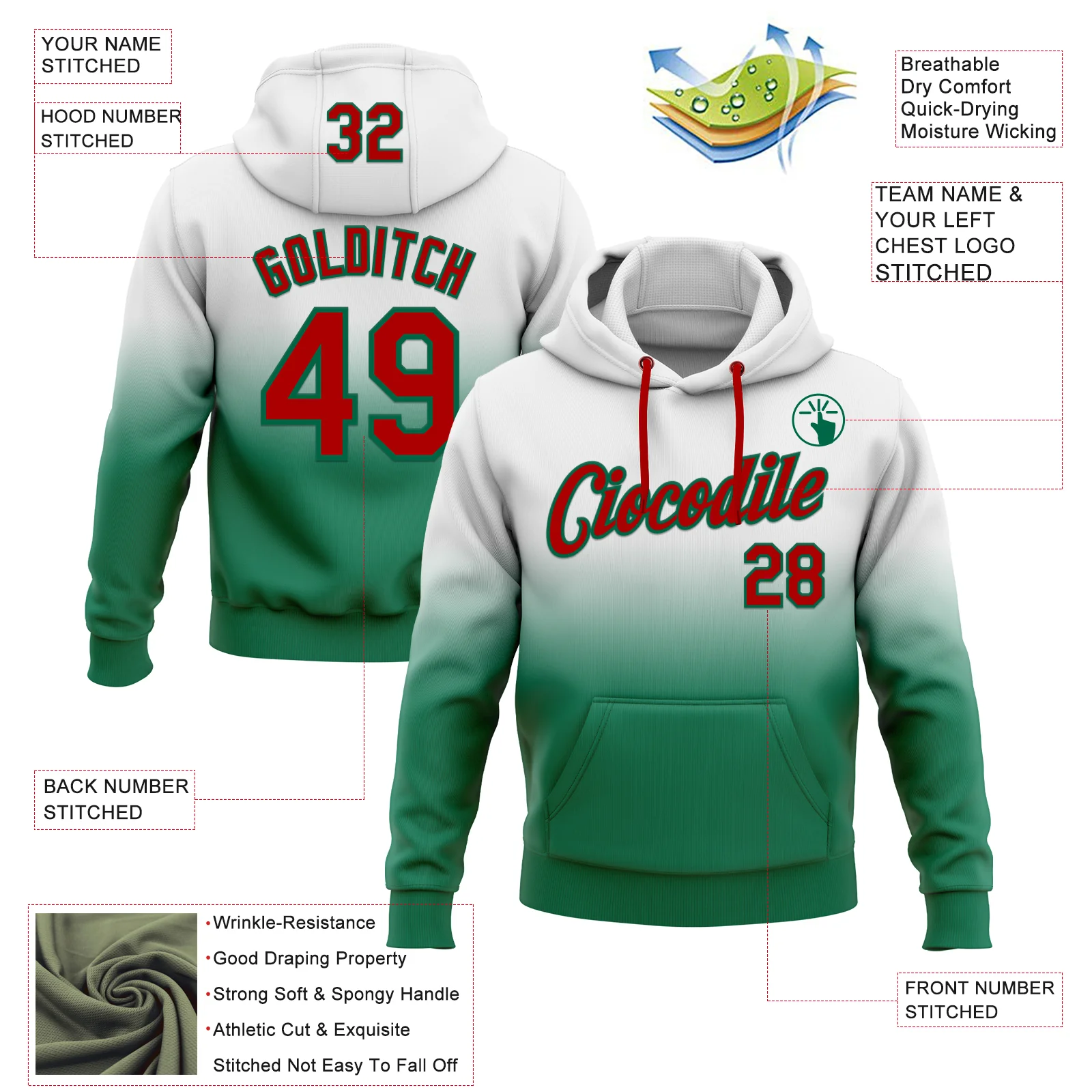 Custom Stitched White Red-Kelly Green Fade Fashion Sports Pullover Sweatshirt Hoodie