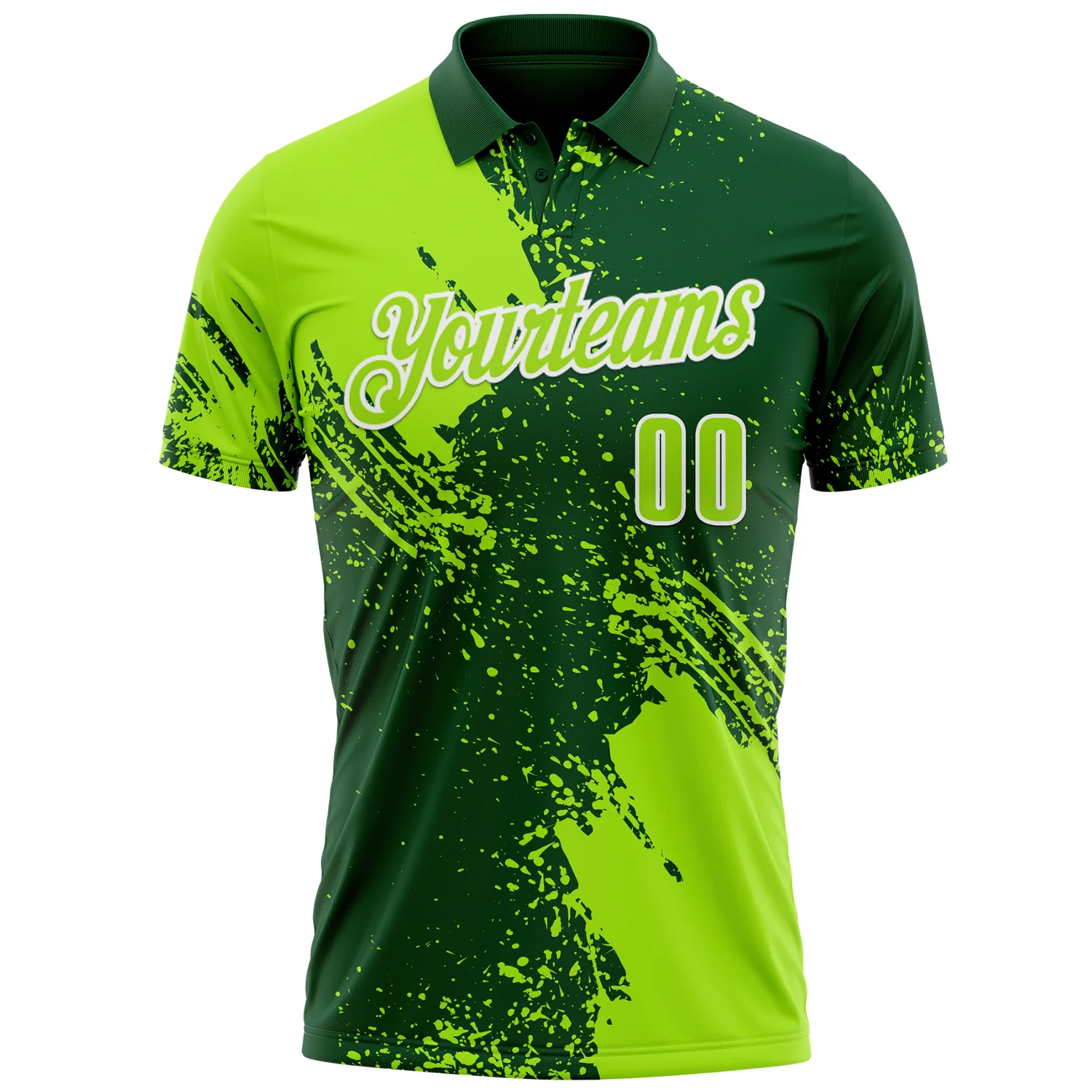 Custom Neon Green Green-White 3D Pattern Design Abstract Brush Stroke Performance Polo Shirt
