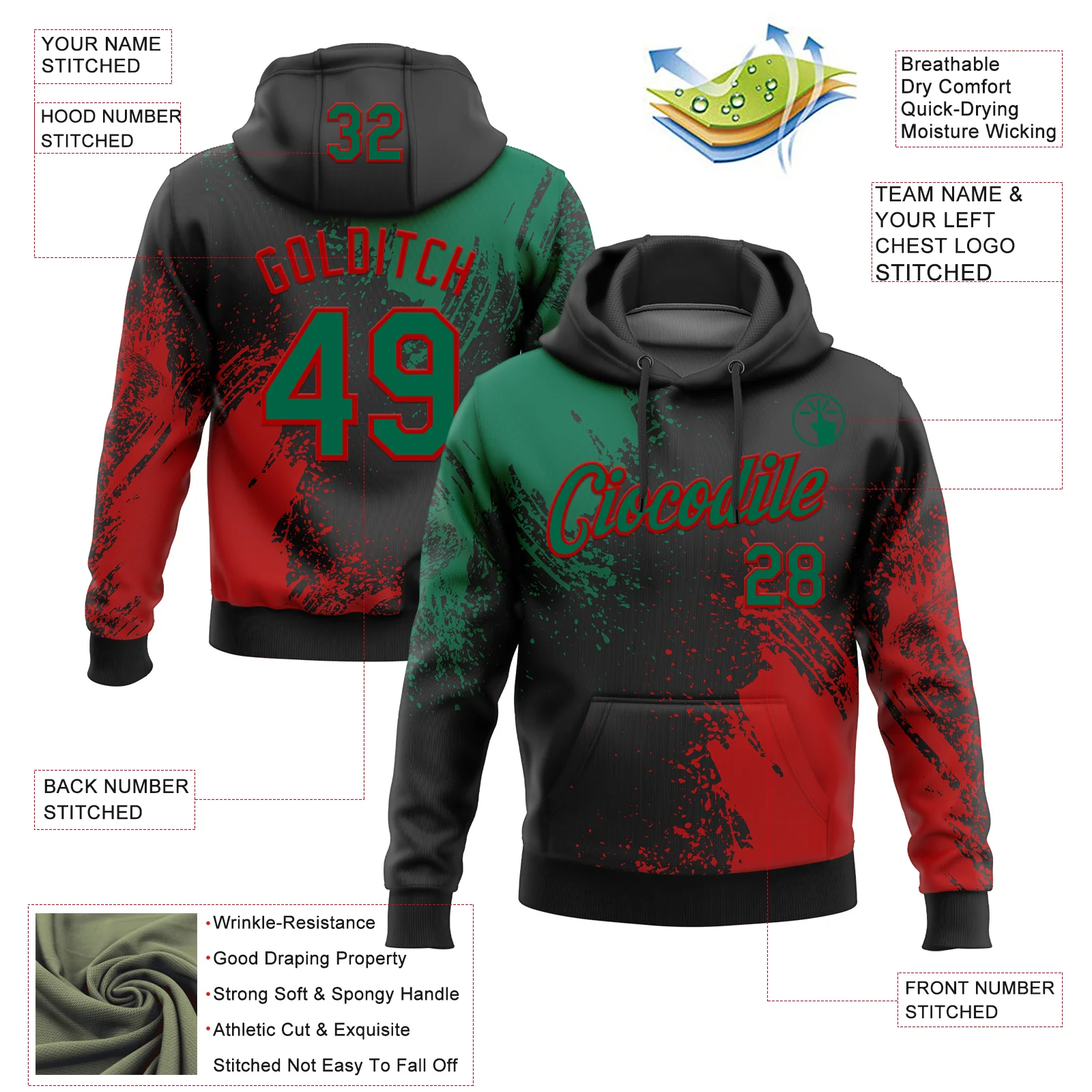 Custom Stitched Black Kelly Green-Red 3D Pattern Design Abstract Brush Stroke Sports Pullover Sweatshirt Hoodie