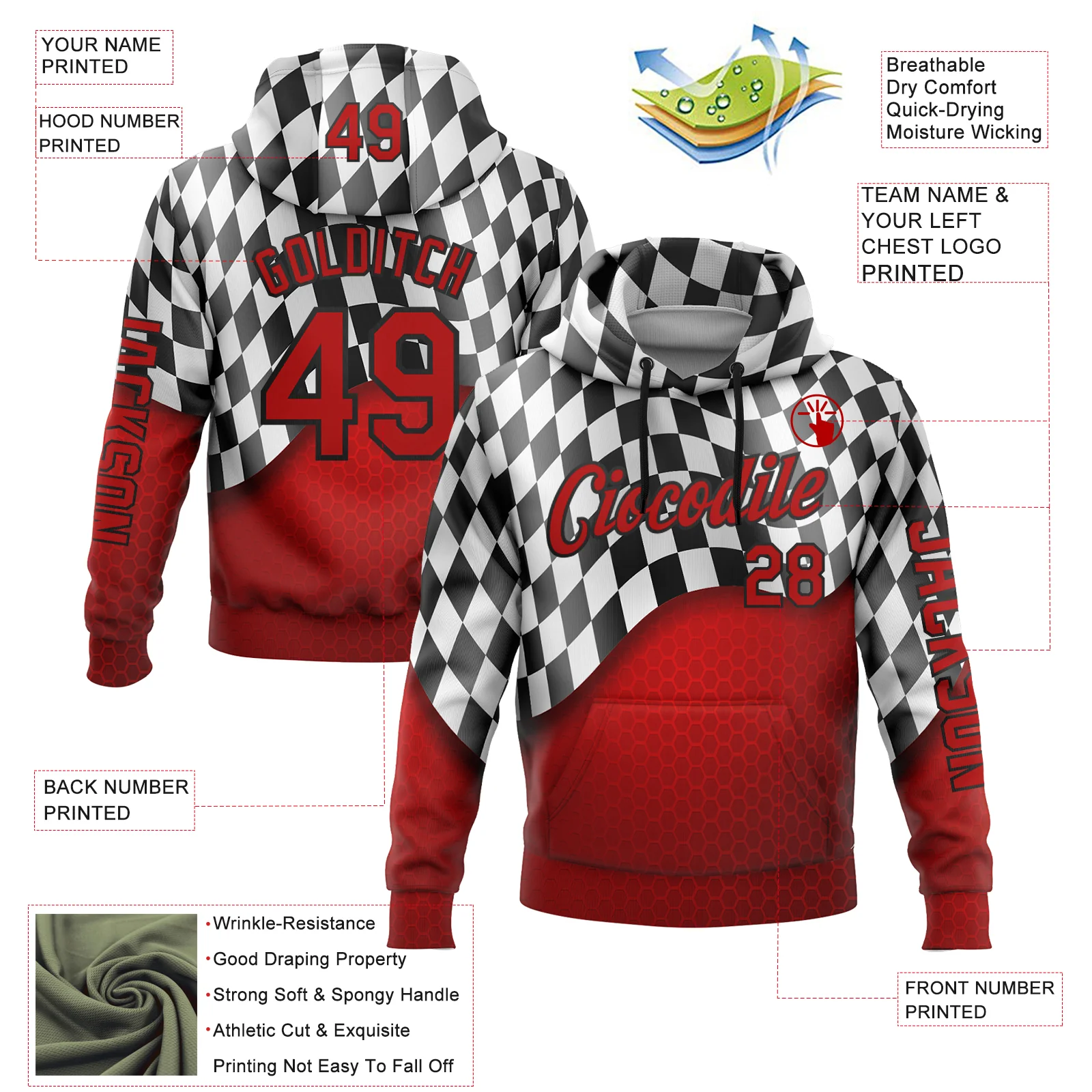 Custom Red Black-White 3D Pattern Design Formula Auto Car Racing Motorsport Sports Pullover Sweatshirt Hoodie