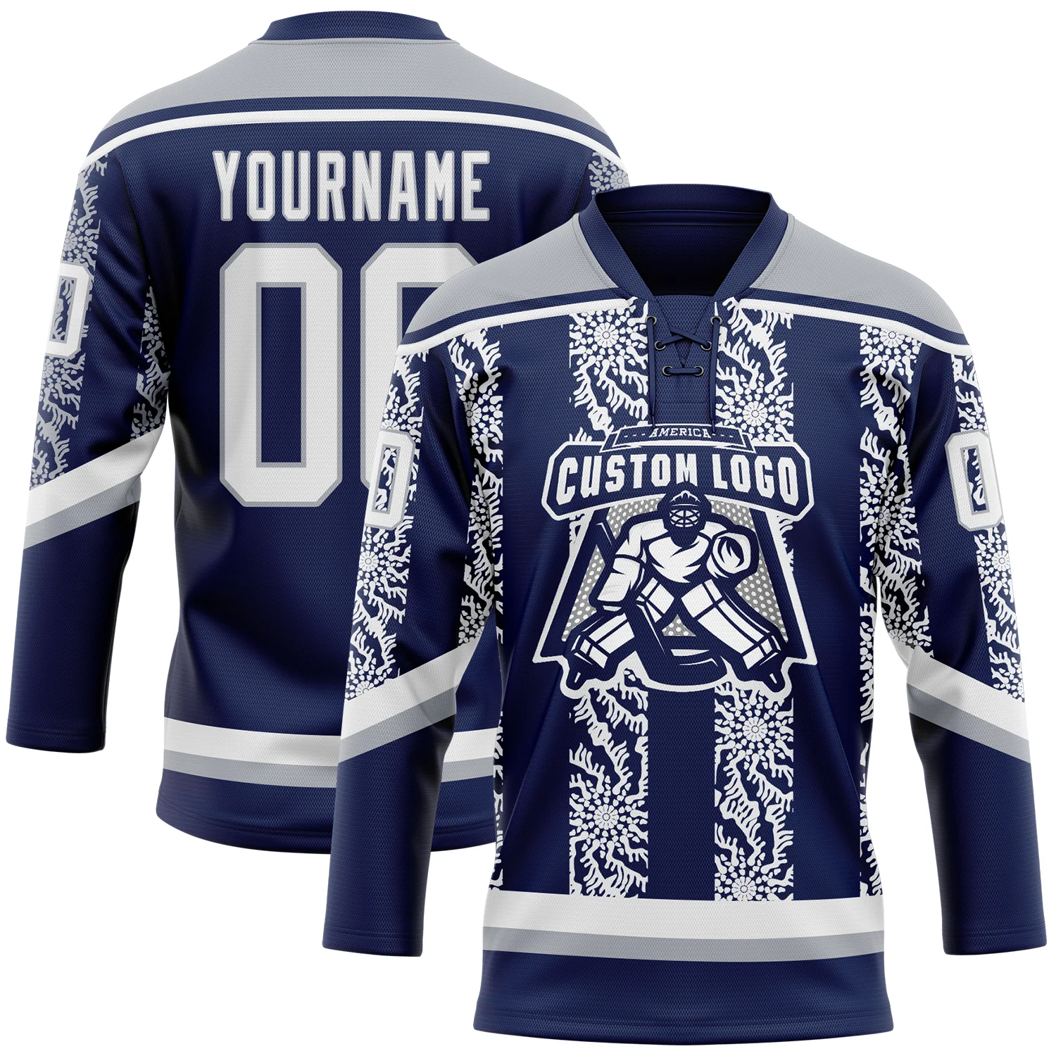 Custom Navy White-Gray 3D Pattern Abstract Shape Hockey Lace Neck Jersey