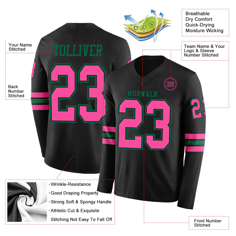 Custom Black Pink-Kelly Green Long Sleeve Authentic Football Jersey