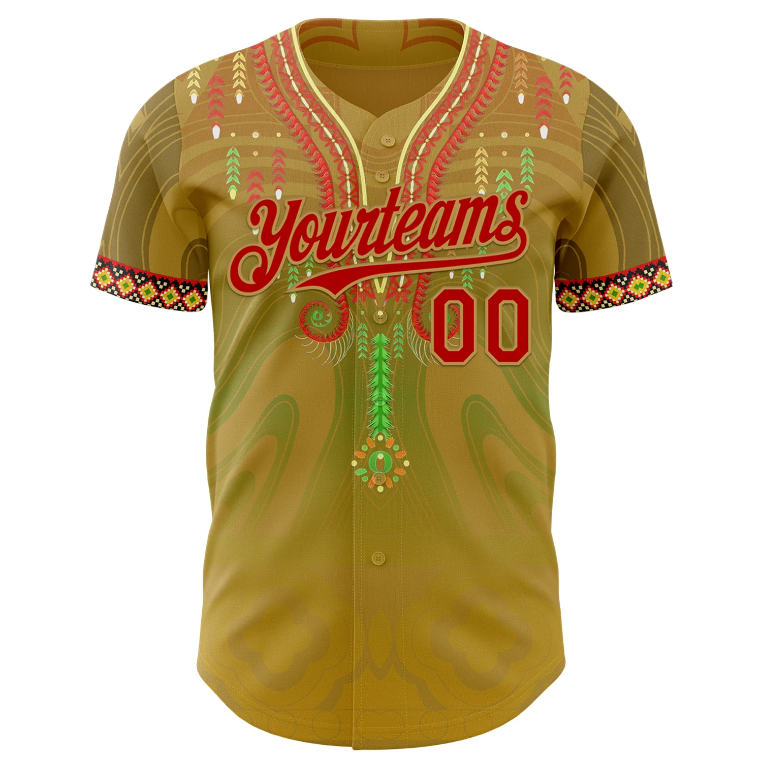 Custom Old Gold Red-Green 3D Pattern Design Black History Month Africa Tribal Authentic Baseball Jersey