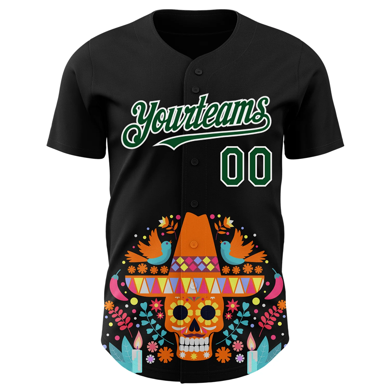 Custom Black Green-White 3D Mexican Festival Flower Skull With Sombrero Cinco de Mayo Authentic Baseball Jersey