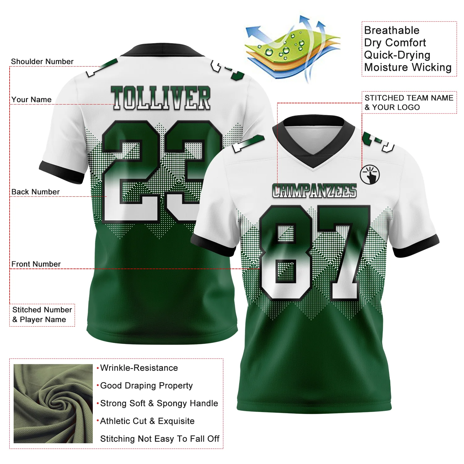 Custom White Green-Black Authentic Gradient Square Shape Flag Football Jersey