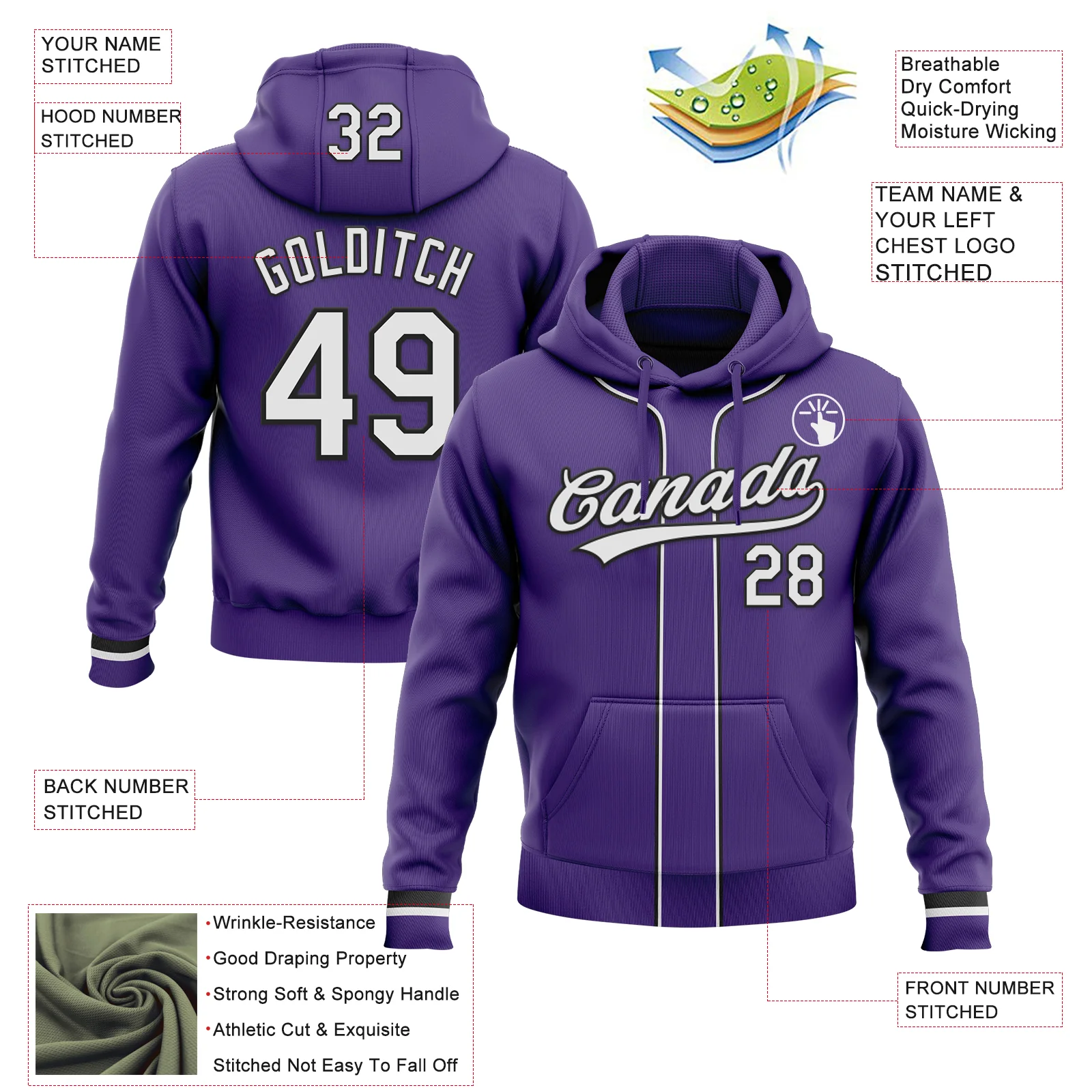 Custom Stitched Purple White-Black Baseball Pullover Sweatshirt Hoodie
