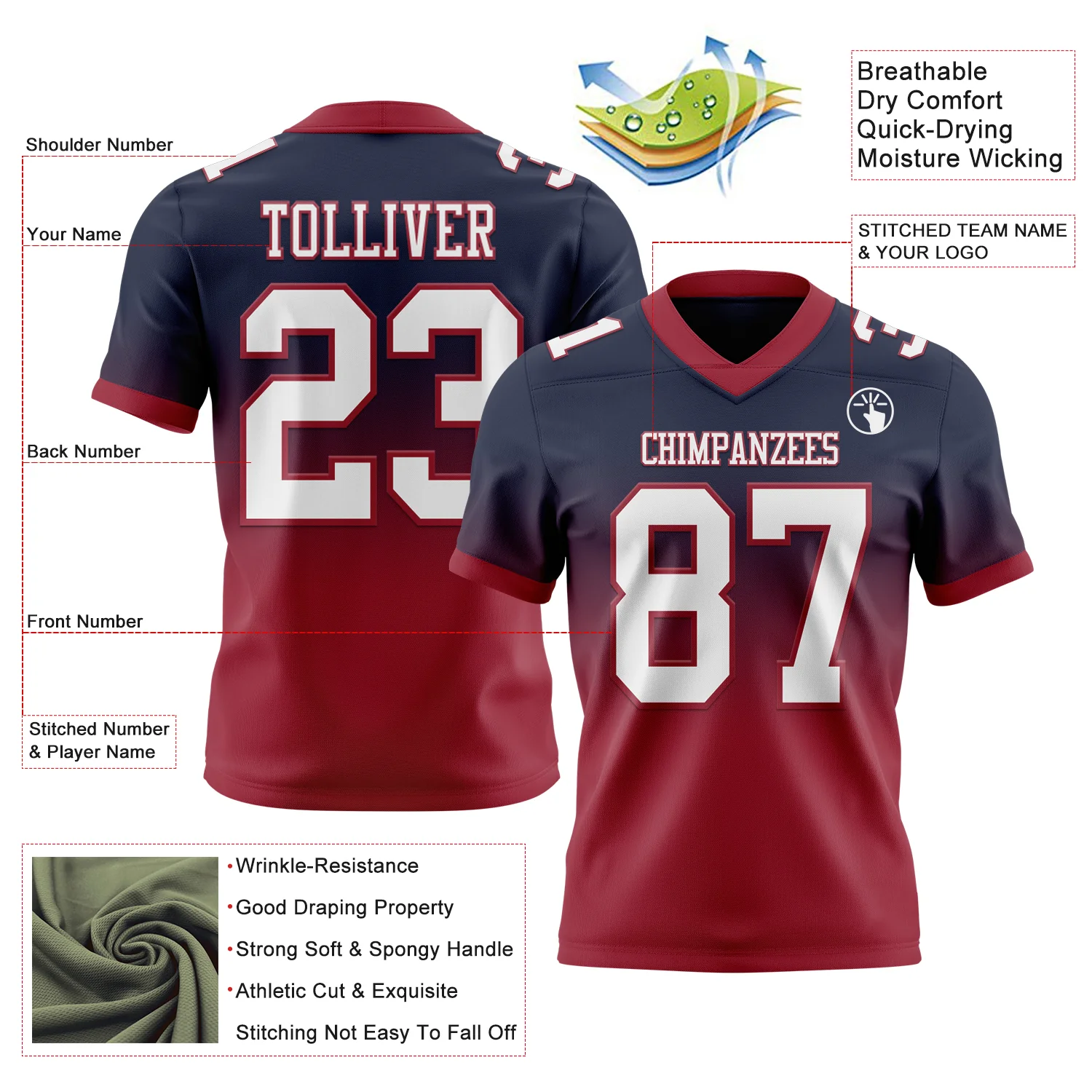 Custom Navy White-Cardinal Authentic Fade Fashion Football Jersey