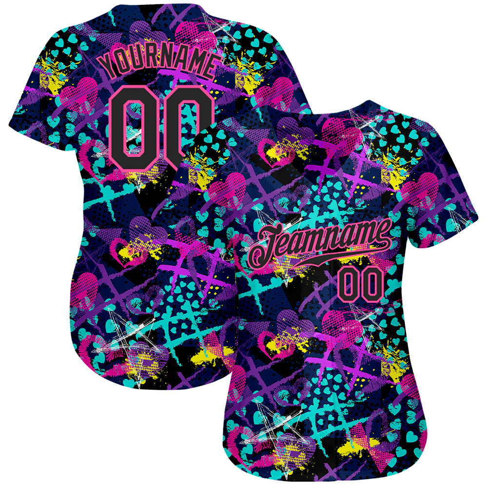 Custom Graffiti Pattern Black-Pink 3D Creative Hearts Stars Geometric Figures Authentic Baseball Jersey