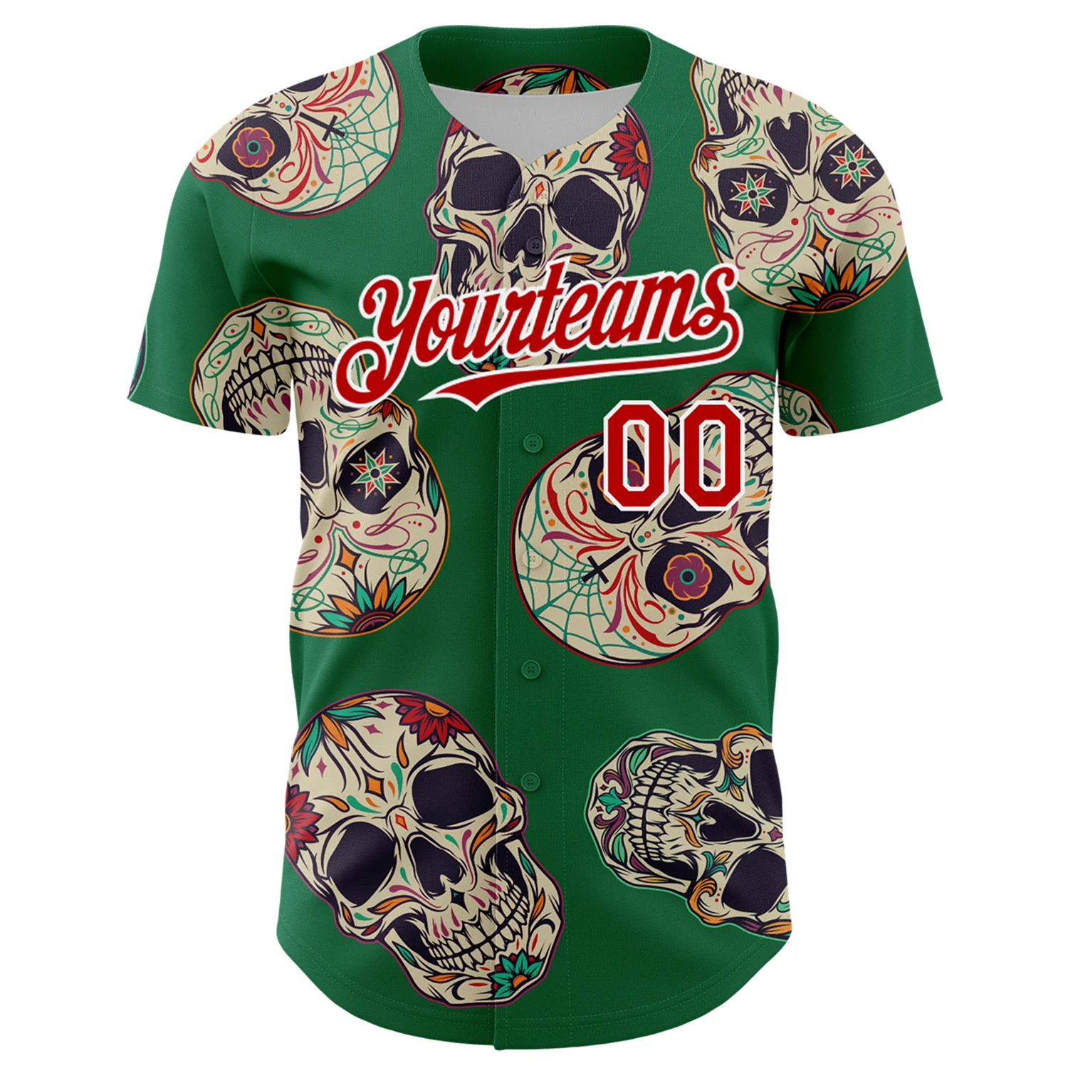Custom Kelly Green Red-White 3D Mexican Skull Authentic Baseball Jersey