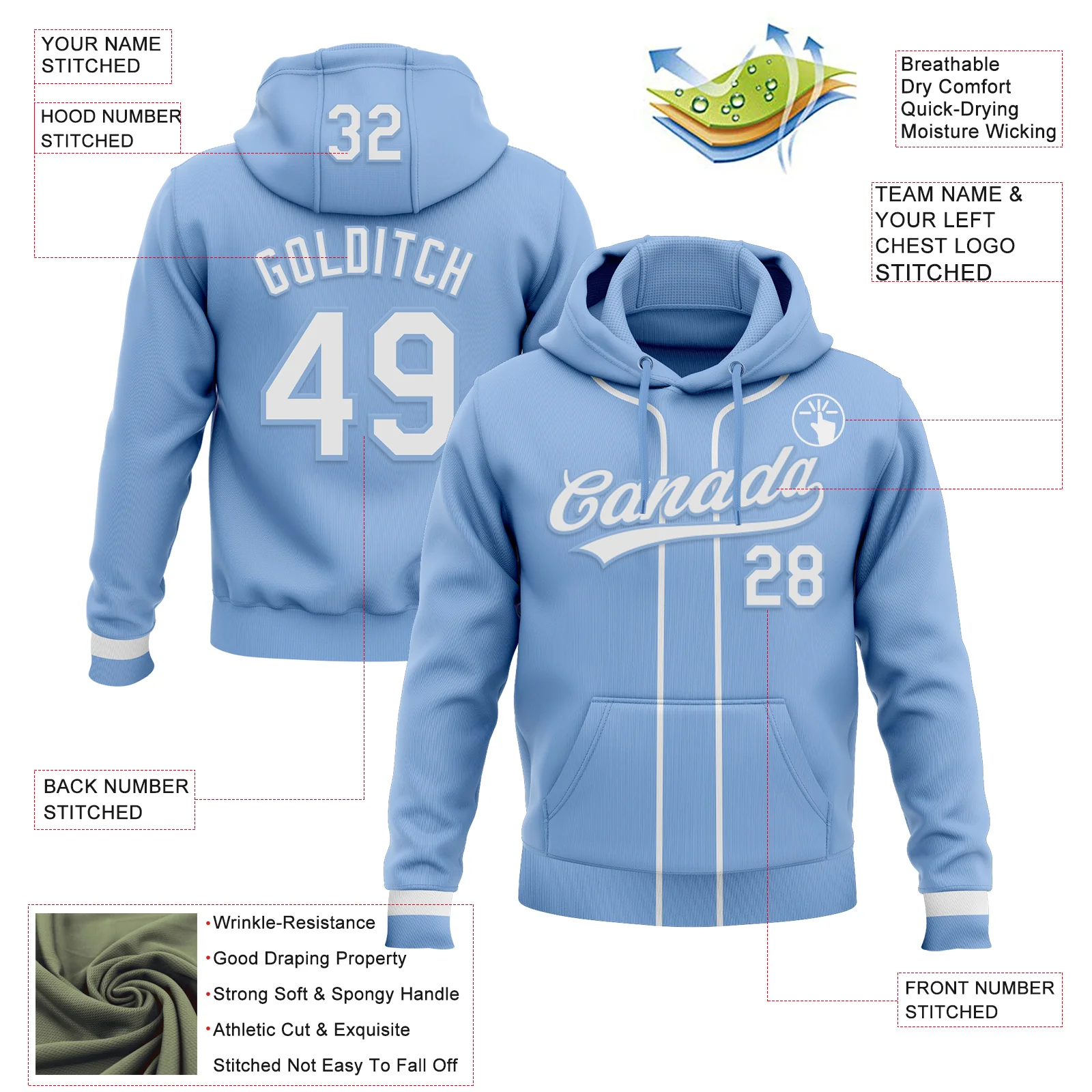 Custom Stitched Light Blue White Baseball Pullover Sweatshirt Hoodie