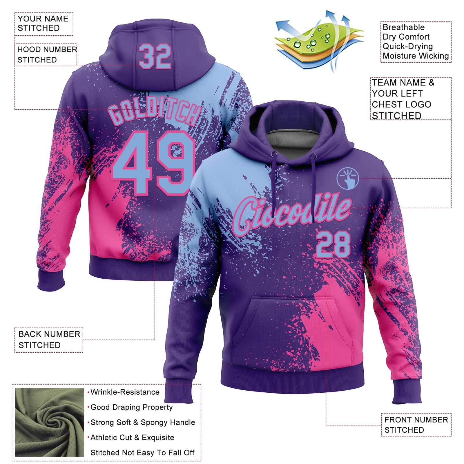 Custom Stitched Purple Light Blue-Pink 3D Pattern Design Abstract Brush Stroke Sports Pullover Sweatshirt Hoodie