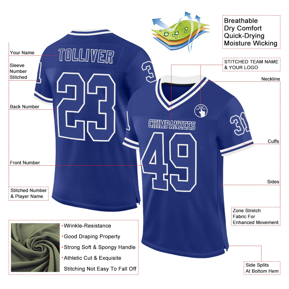 Custom Royal White Mesh Authentic Throwback Football Jersey