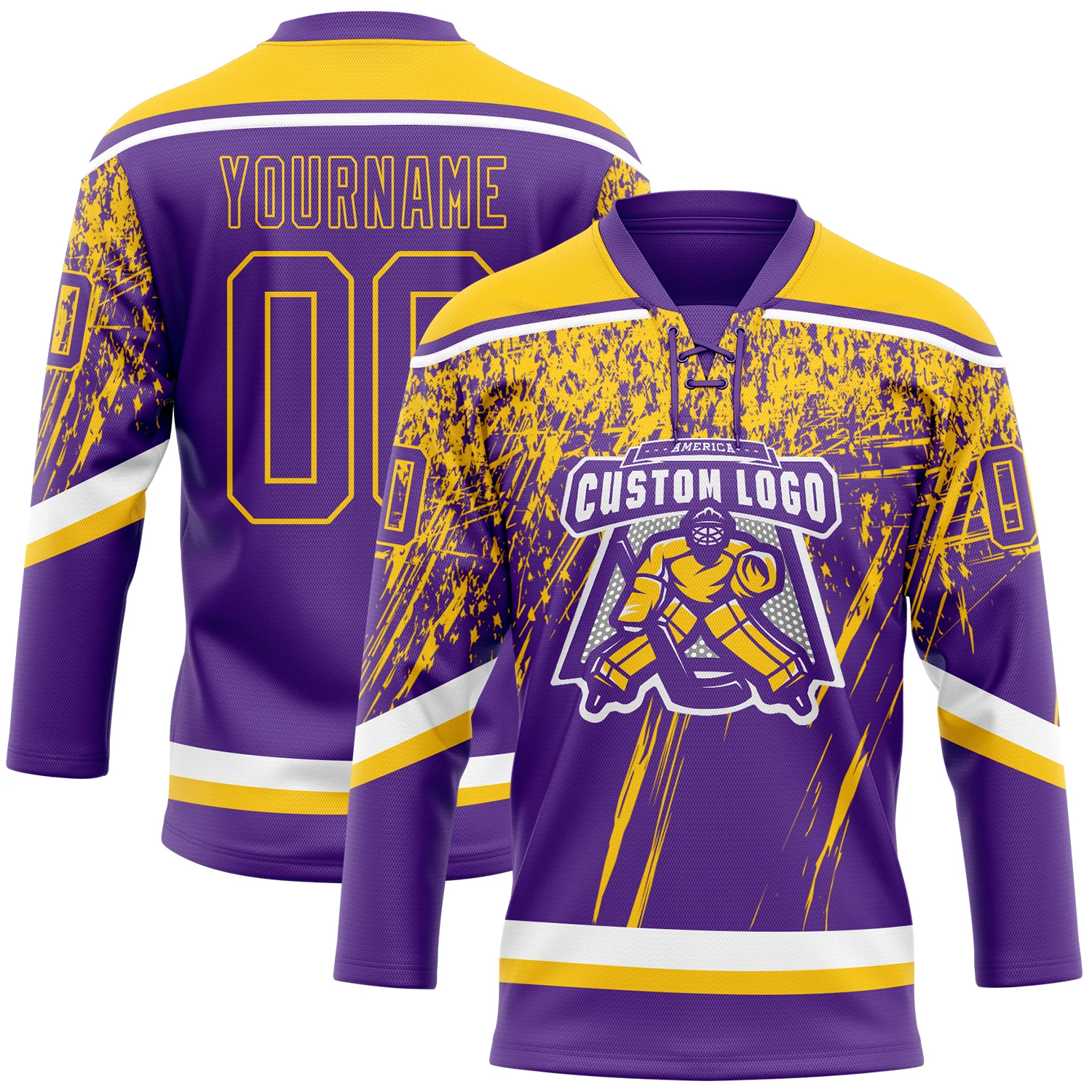 Custom Purple Yellow-White 3D Splash Hockey Lace Neck Jersey