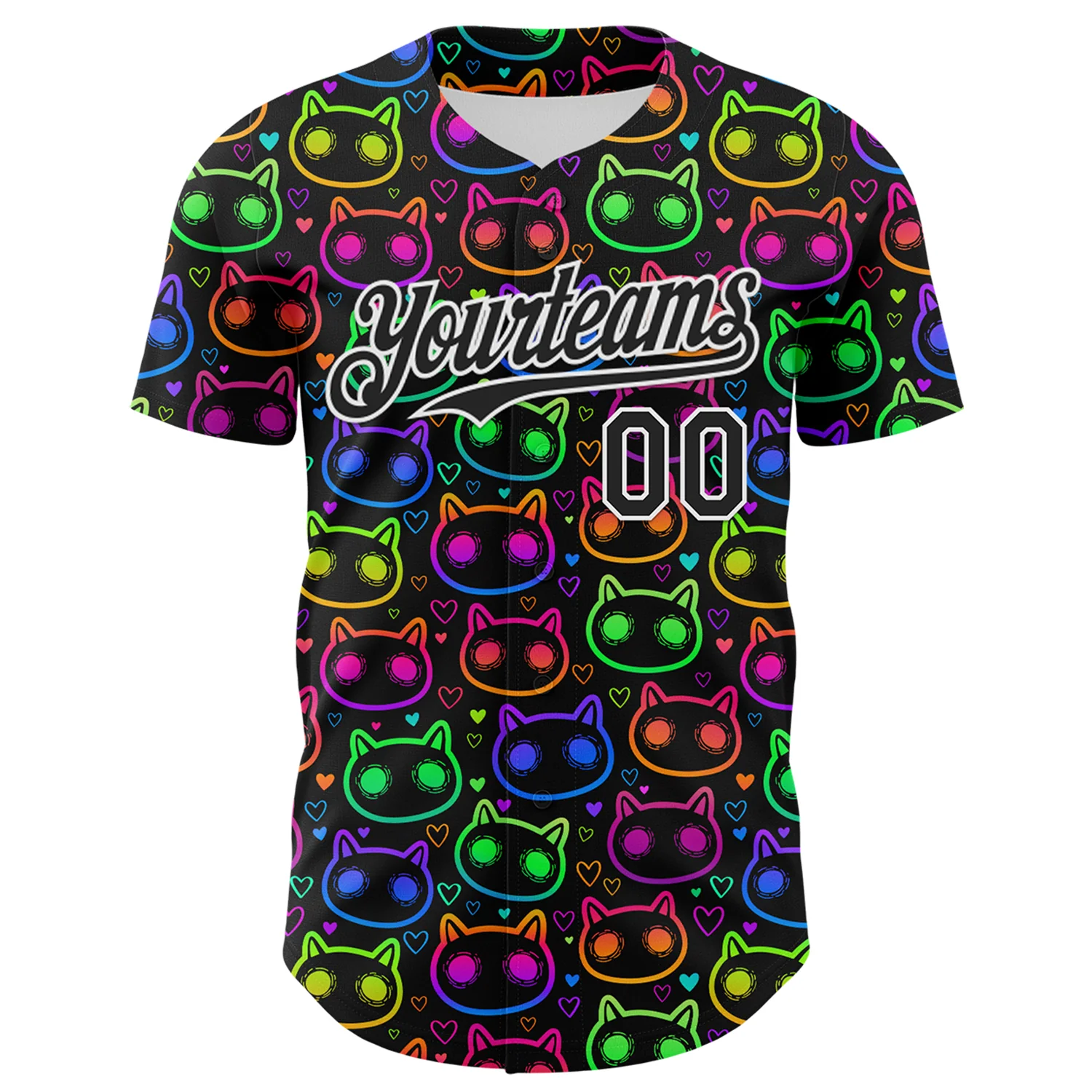 Custom Black White 3D Pattern Design Rave Psychedelic Neon Cartoon Cat Authentic Baseball Jersey