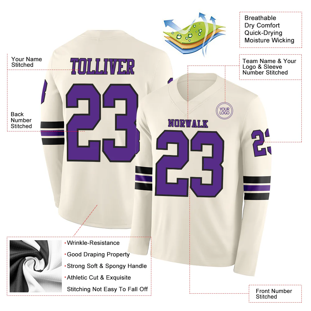Custom Cream Purple-Black Long Sleeve Authentic Football Jersey