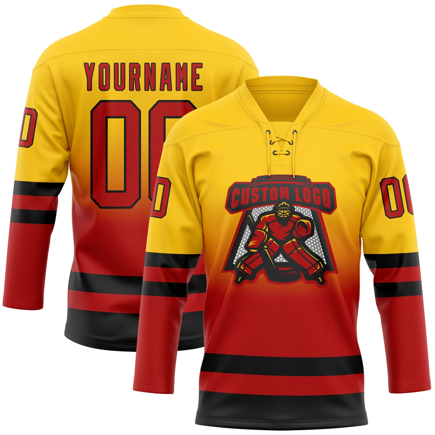 Custom Yellow Red-Black Fade Fashion Hockey Lace Neck Jersey