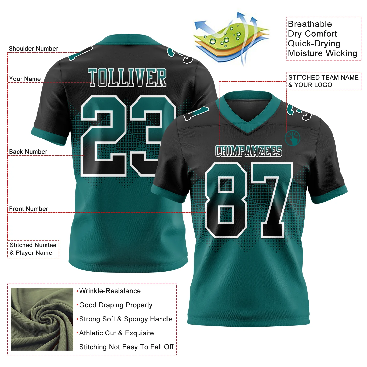 Custom Black Teal-White Authentic Gradient Square Shape Flag Football Jersey