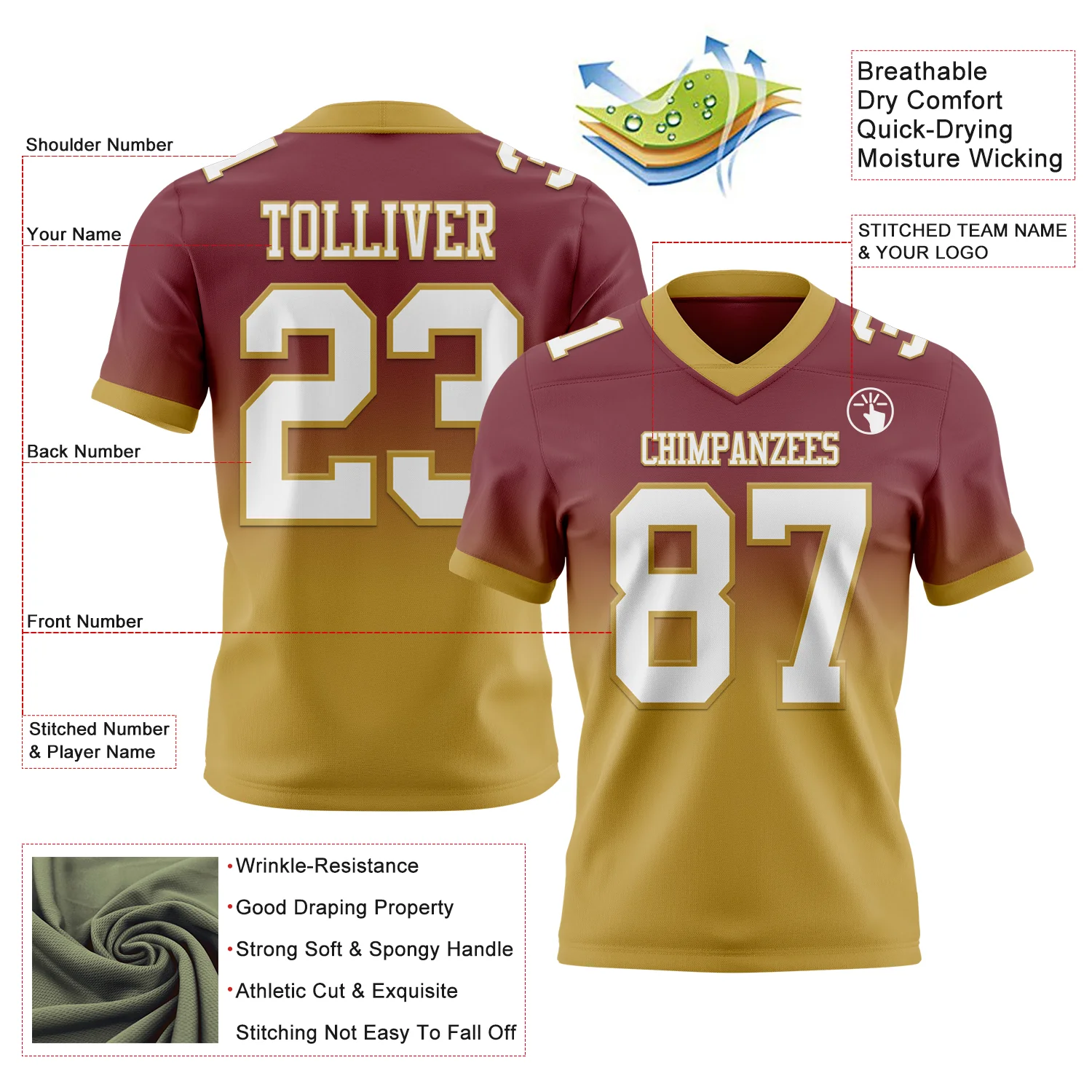 Custom Burgundy White-Old Gold Authentic Fade Fashion Football Jersey