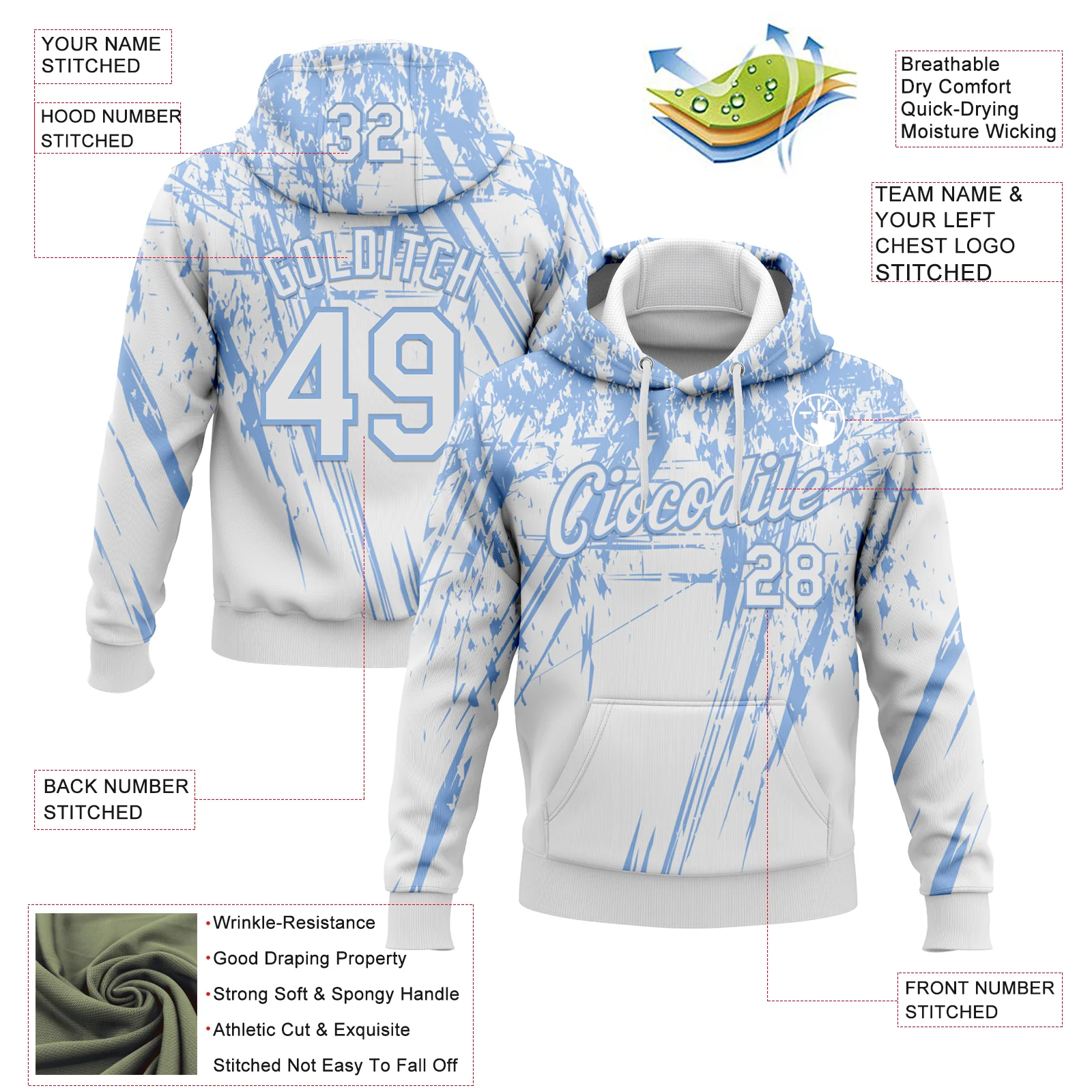 Custom Stitched White Light Blue 3D Pattern Design Splash Grunge Art Sports Pullover Sweatshirt Hoodie