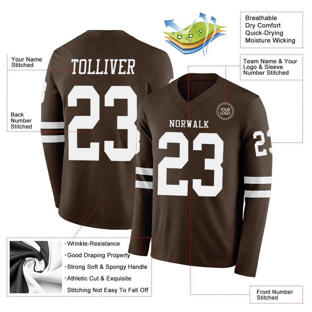 Custom Brown White Long Sleeve Authentic Football Jersey