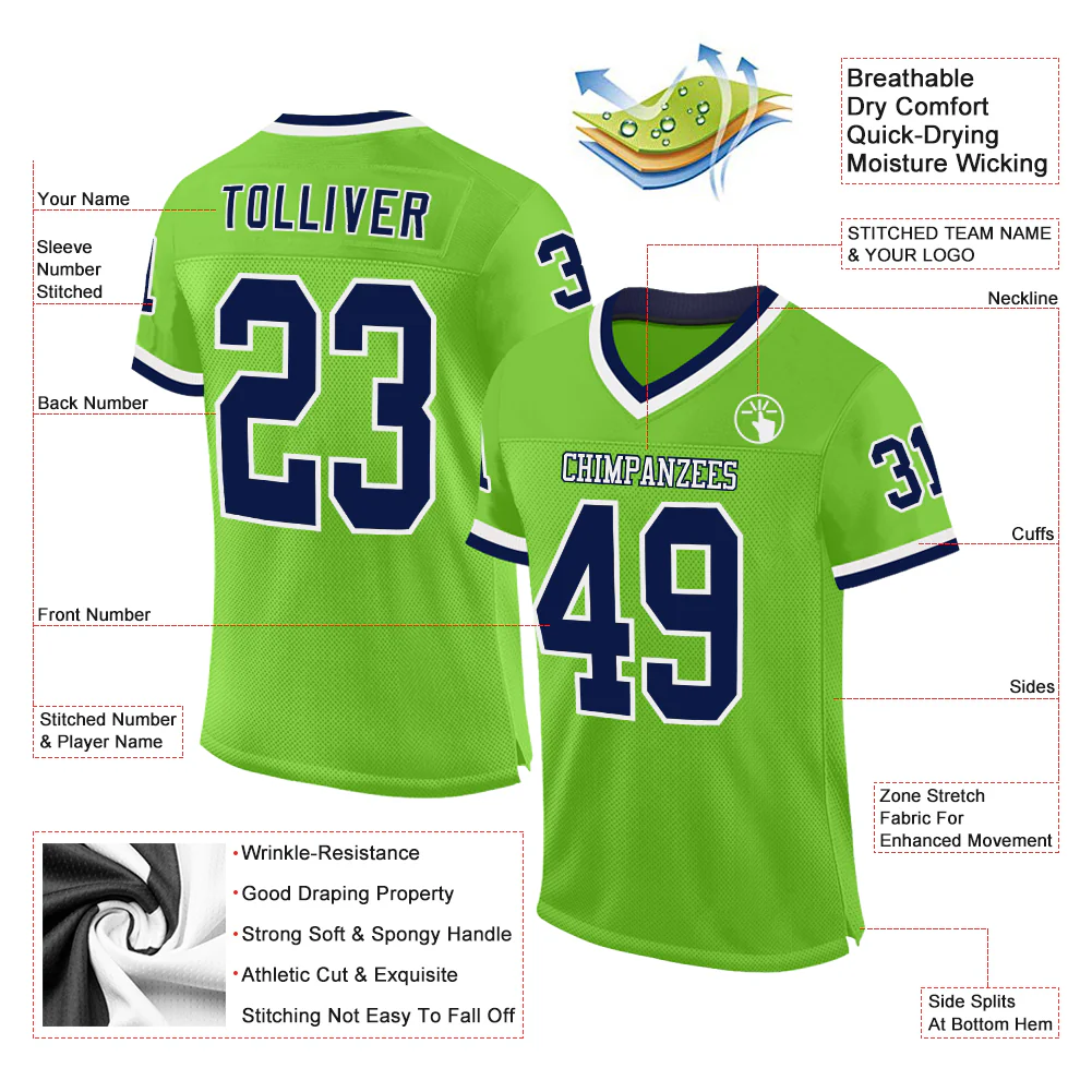 Custom Neon Green Navy-White Mesh Authentic Throwback Football Jersey