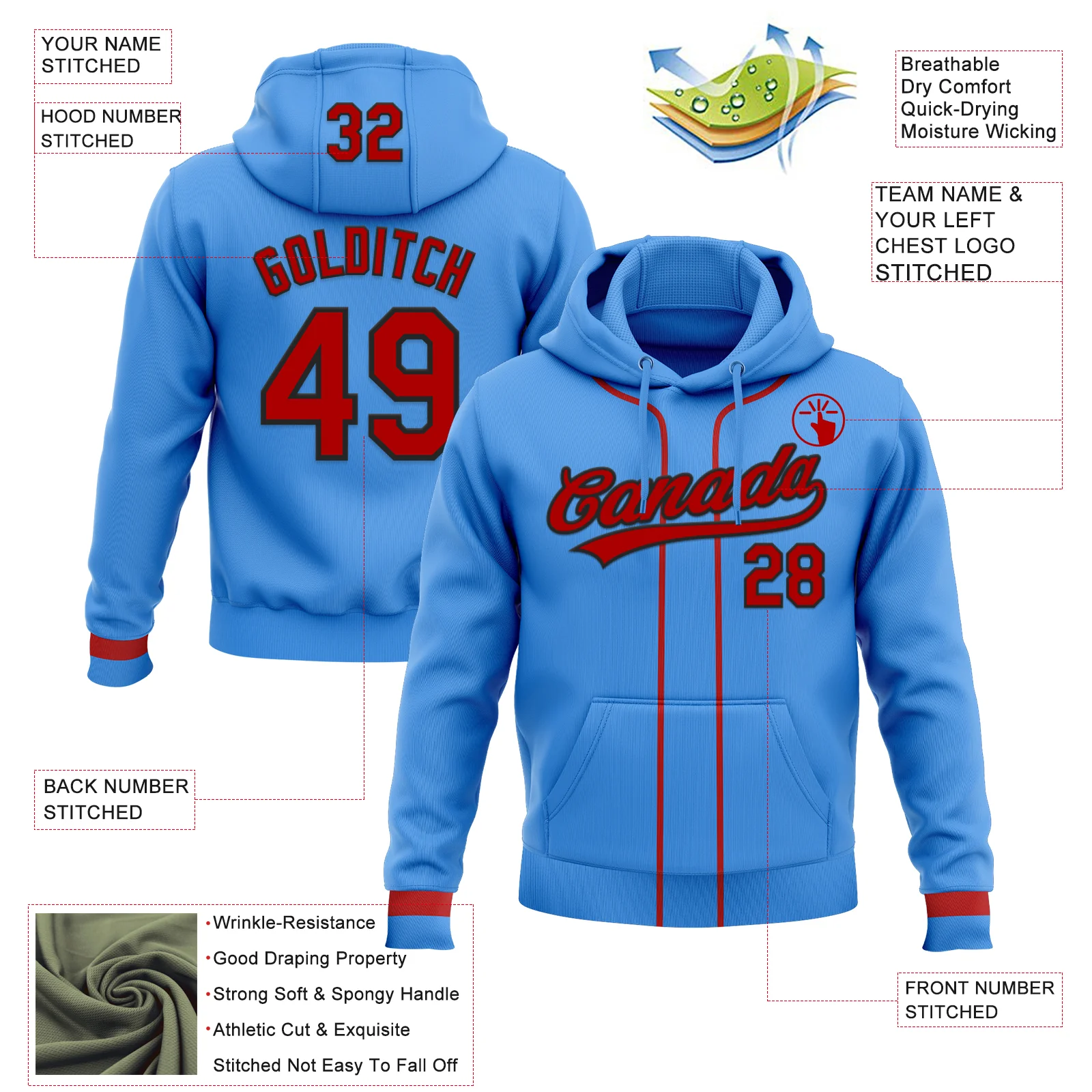 Custom Stitched Powder Blue Red-Black Baseball Pullover Sweatshirt Hoodie