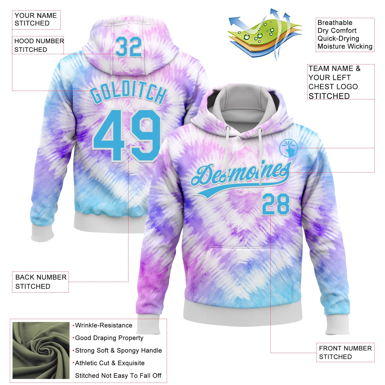 Custom Stitched Tie Dye Sky Blue-White 3D Sports Pullover Sweatshirt Hoodie
