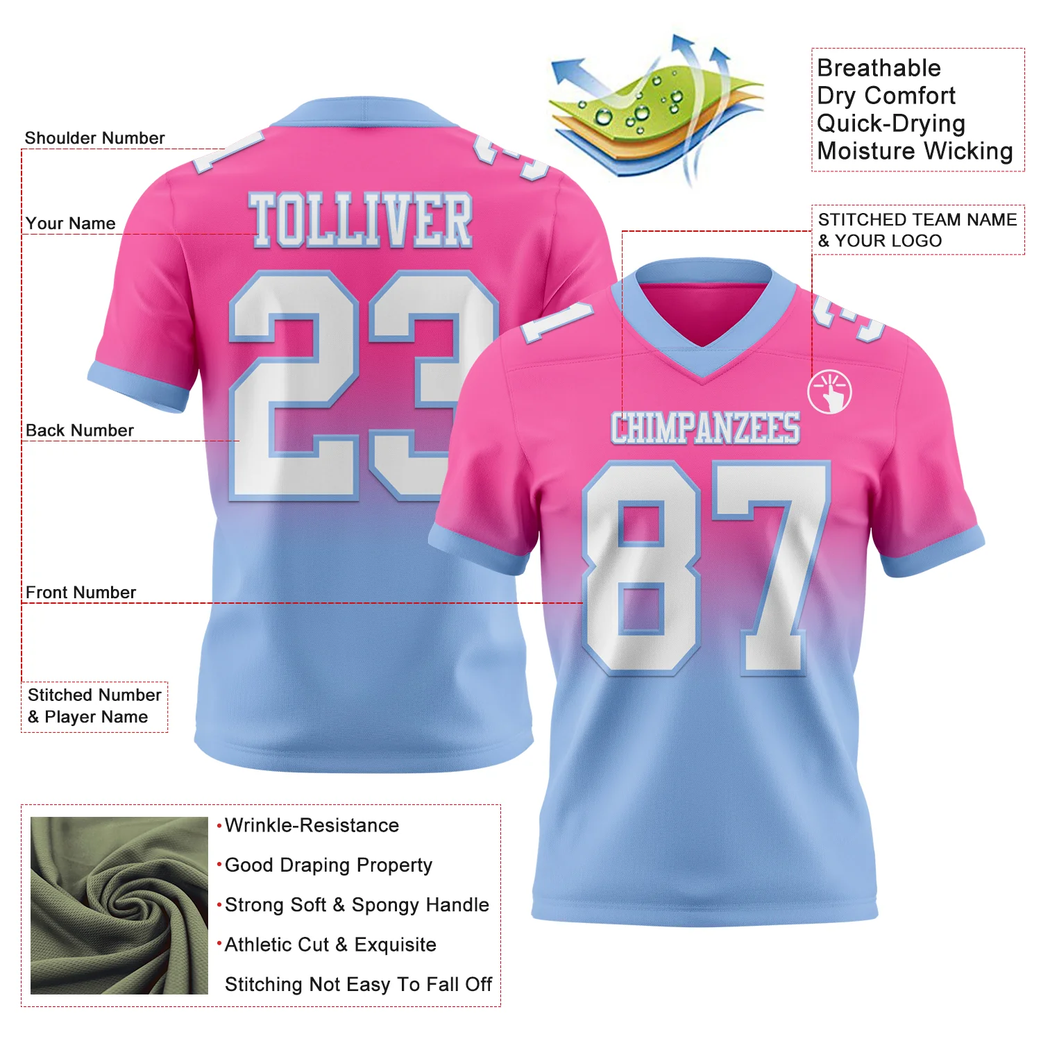 Custom Pink White-Light Blue Authentic Fade Fashion Football Jersey