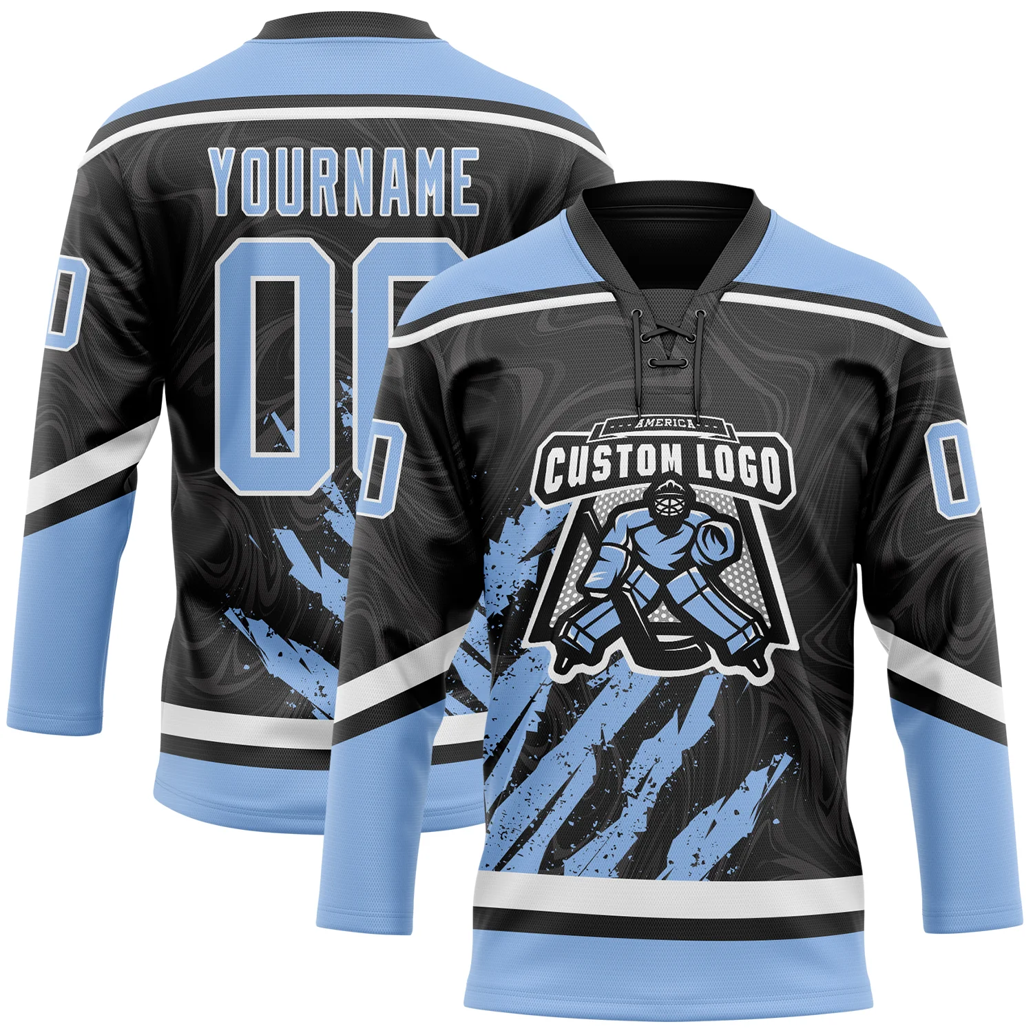Custom Black Light Blue-White 3D Splash Art Hockey Lace Neck Jersey