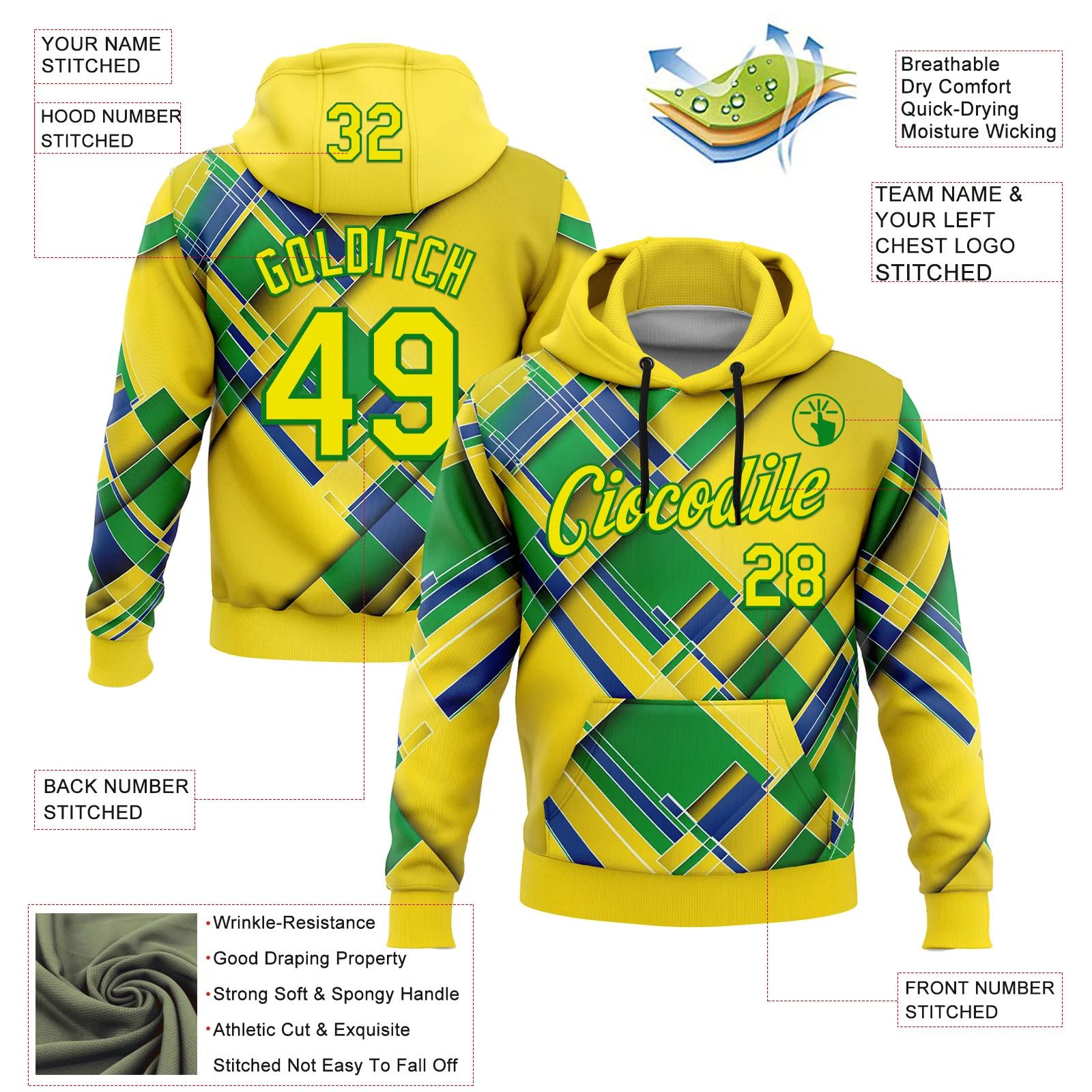 Custom Stitched Yellow Light Yellow Green-Grass Green 3D Pattern Design Brazil Inspired Geometric Shape Sportswear Pullover Sweatshirt Hoodie
