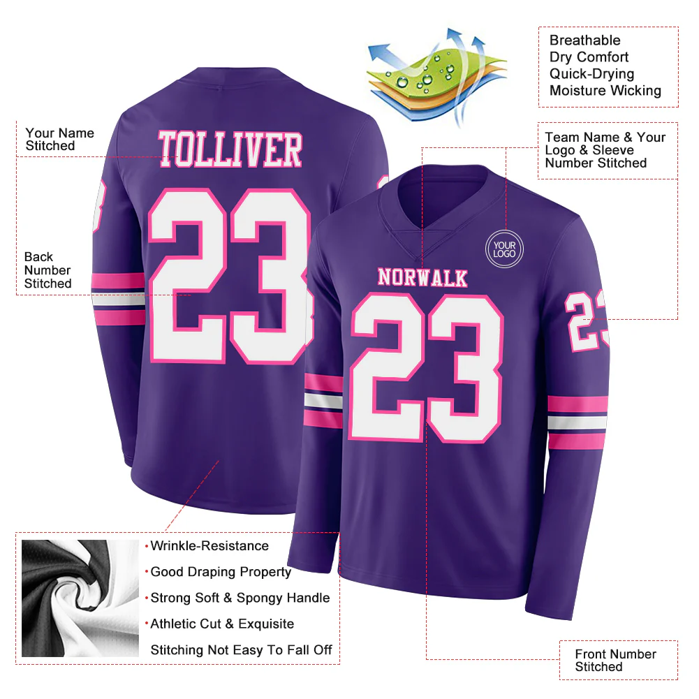 Custom Purple White-Pink Long Sleeve Authentic Football Jersey
