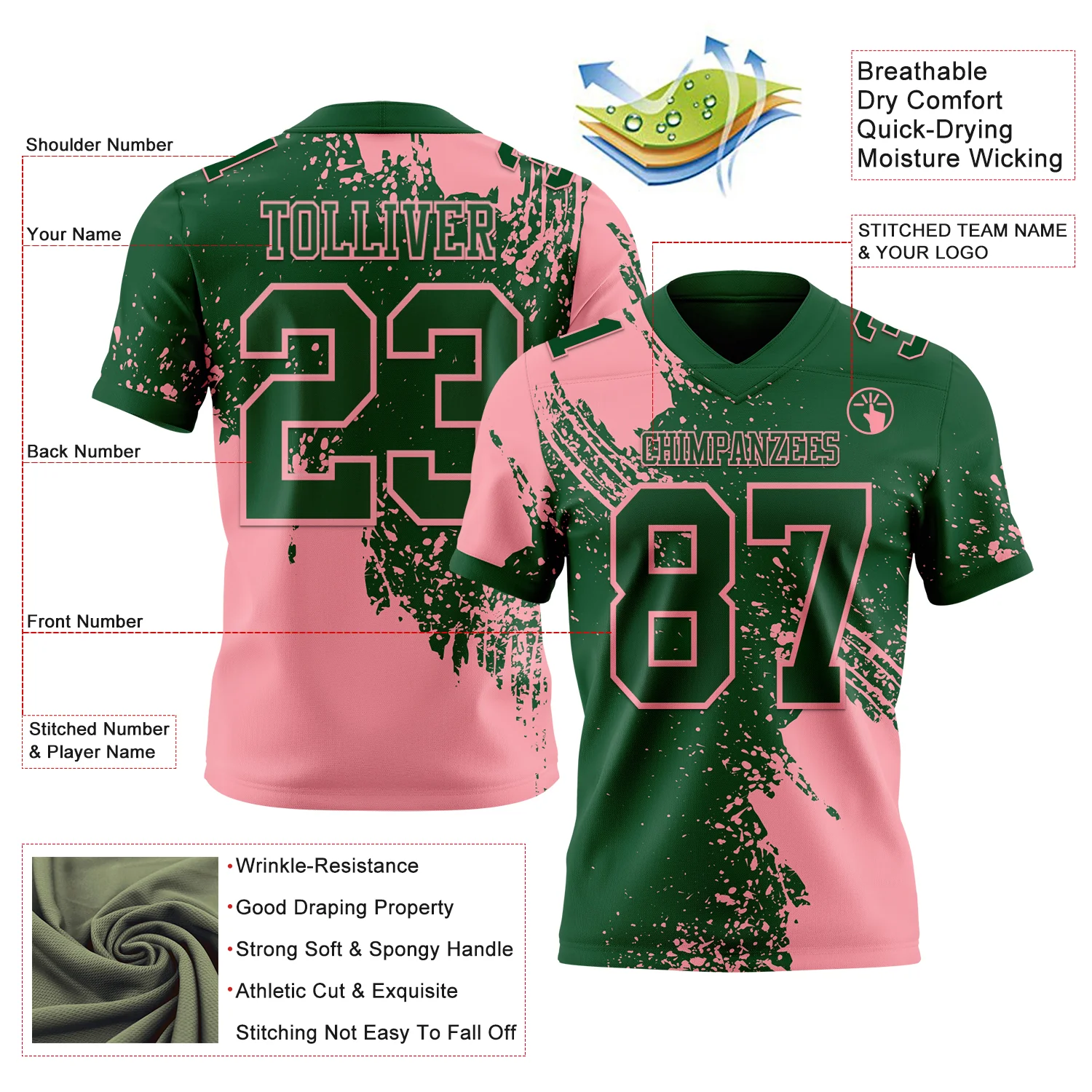 Custom Green Medium Pink 3D Pattern Abstract Brush Stroke Authentic Football Jersey