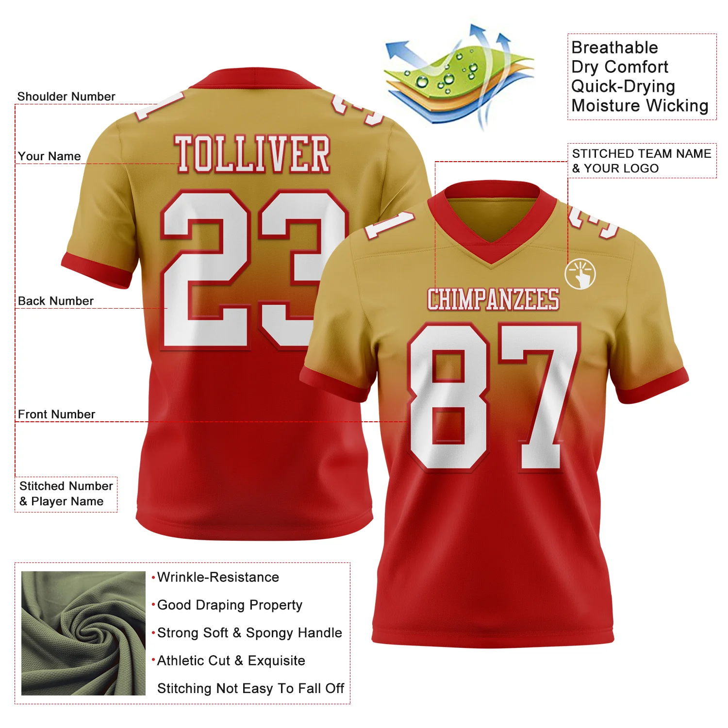 Custom Old Gold White-Red Authentic Fade Fashion Football Jersey