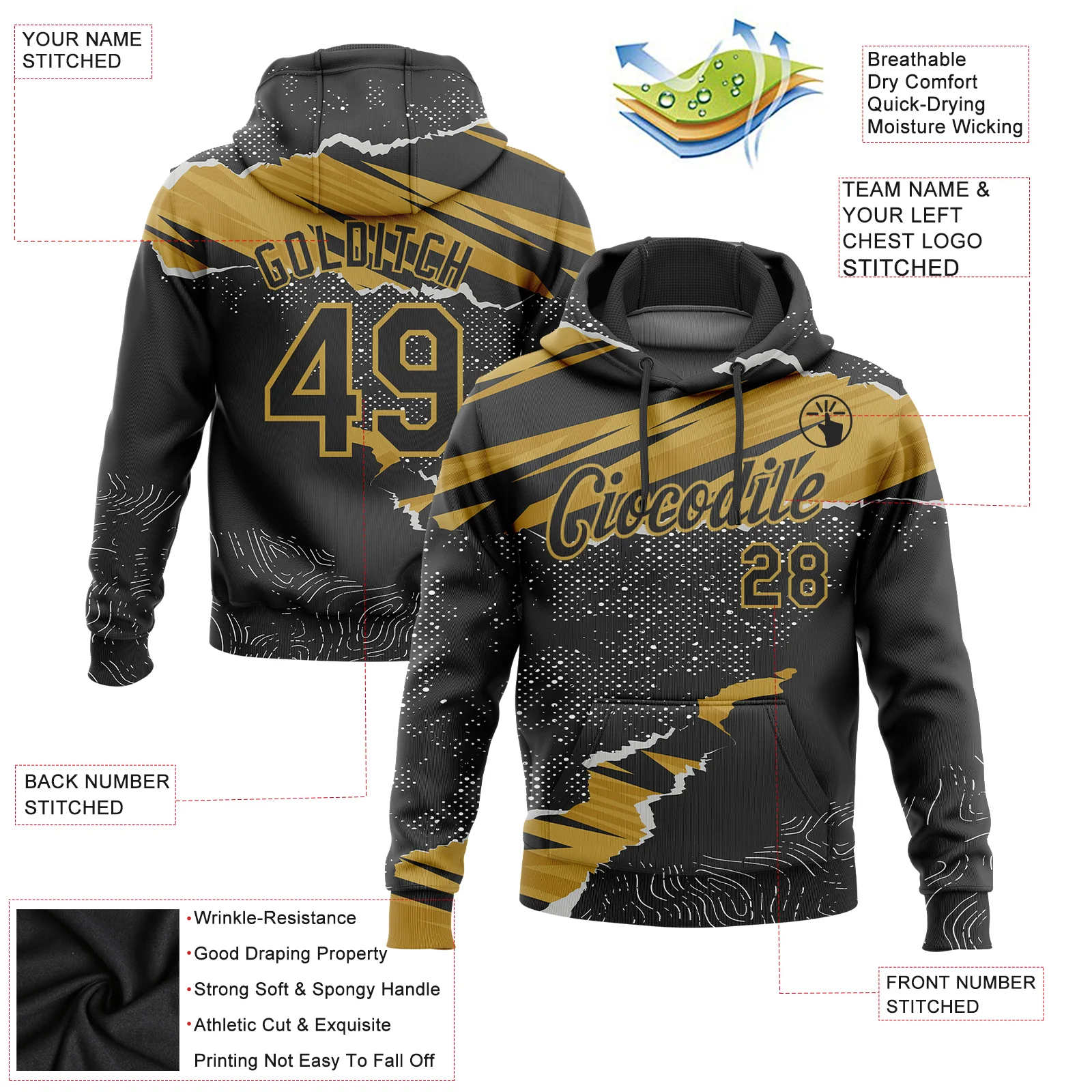 Custom Stitched Black Old Gold 3D Pattern Design Torn Paper Style Sports Pullover Sweatshirt Hoodie
