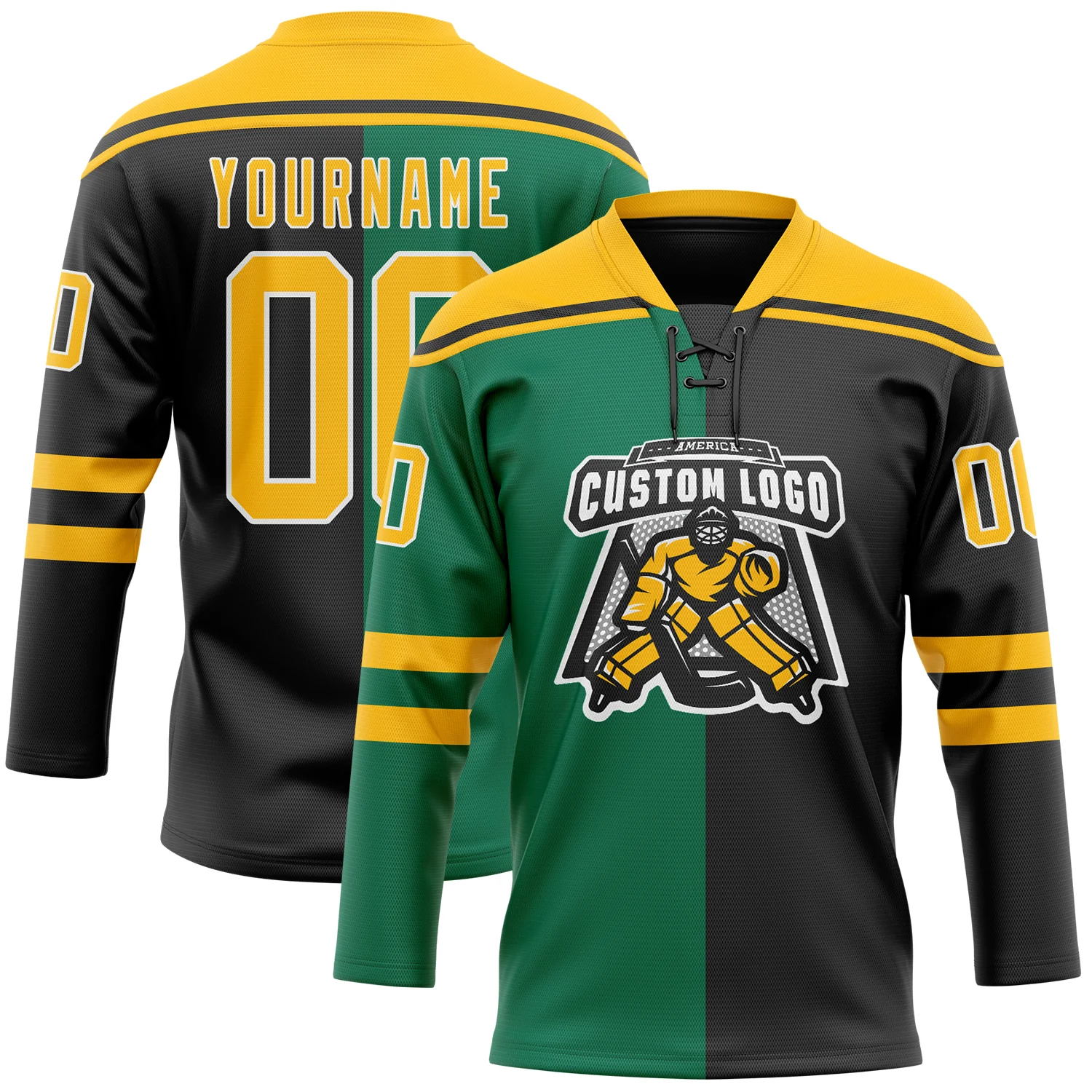 Custom Black Gold Kelly Green-White Split Fashion Hockey Lace Neck Jersey