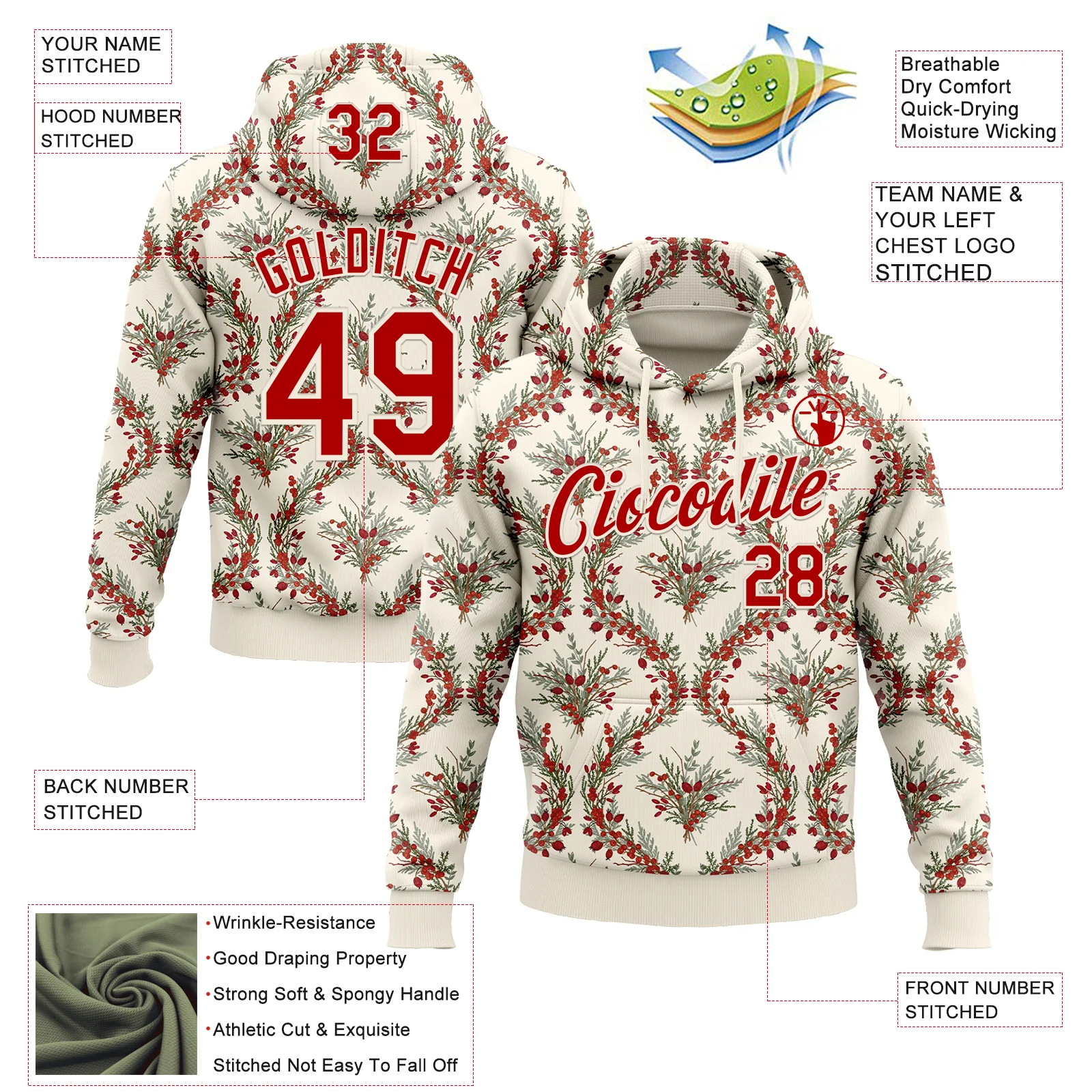 Custom Stitched Cream Red-Cream 3D Christmas Damask Floral Sports Pullover Sweatshirt Hoodie
