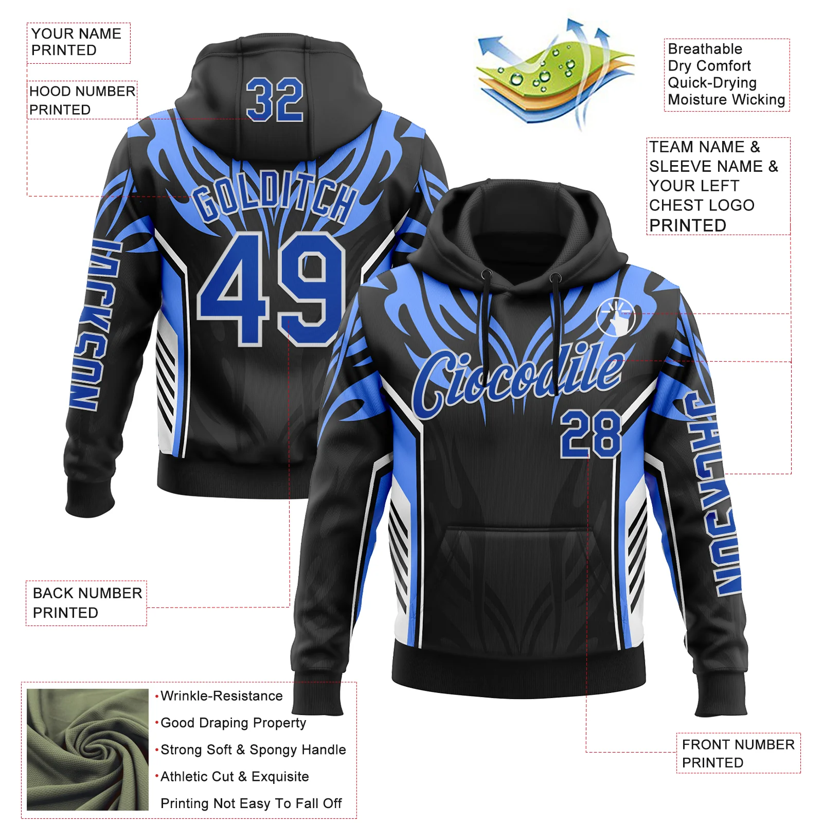 Custom Black Thunder Blue-White 3D Abstract Flame Sports Pullover Sweatshirt Hoodie