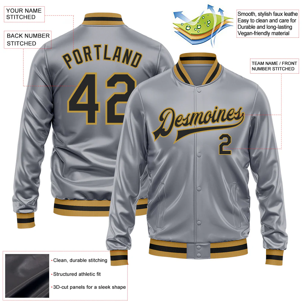 Custom Gray Black-Old Gold Bomber Full-Snap Varsity Faux Leather Letterman Jacket