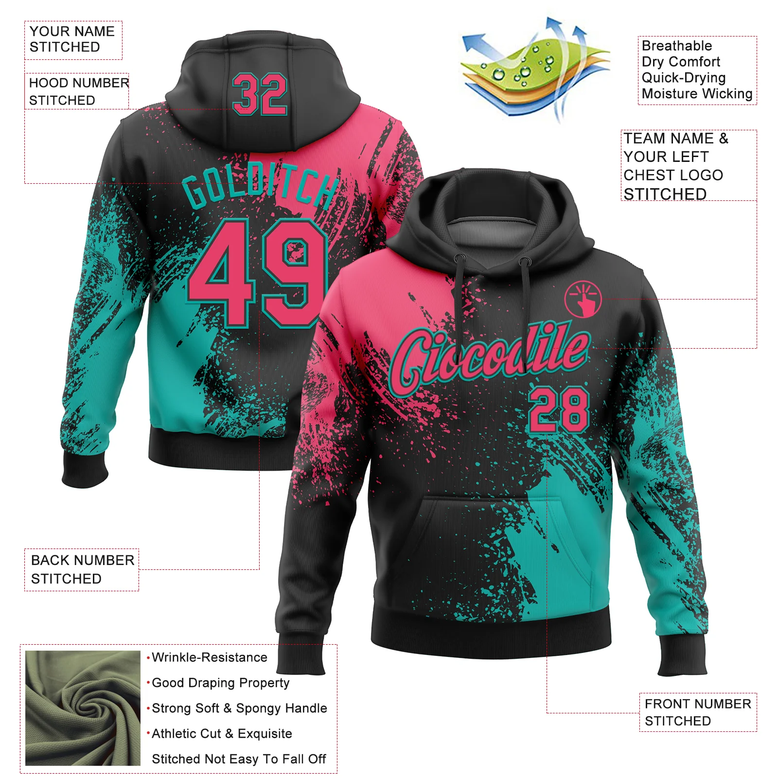 Custom Stitched Black Neon Pink-Aqua 3D Pattern Design Abstract Brush Stroke Sports Pullover Sweatshirt Hoodie