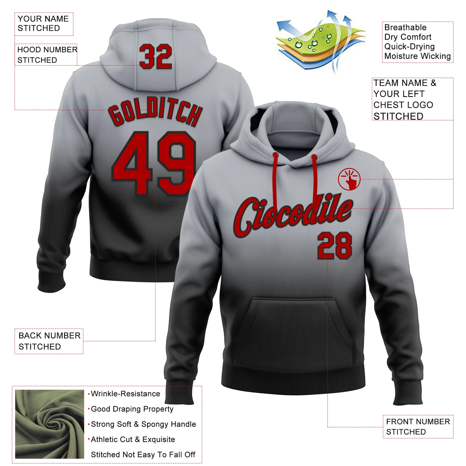 Custom Stitched Gray Red-Black Fade Fashion Sports Pullover Sweatshirt Hoodie