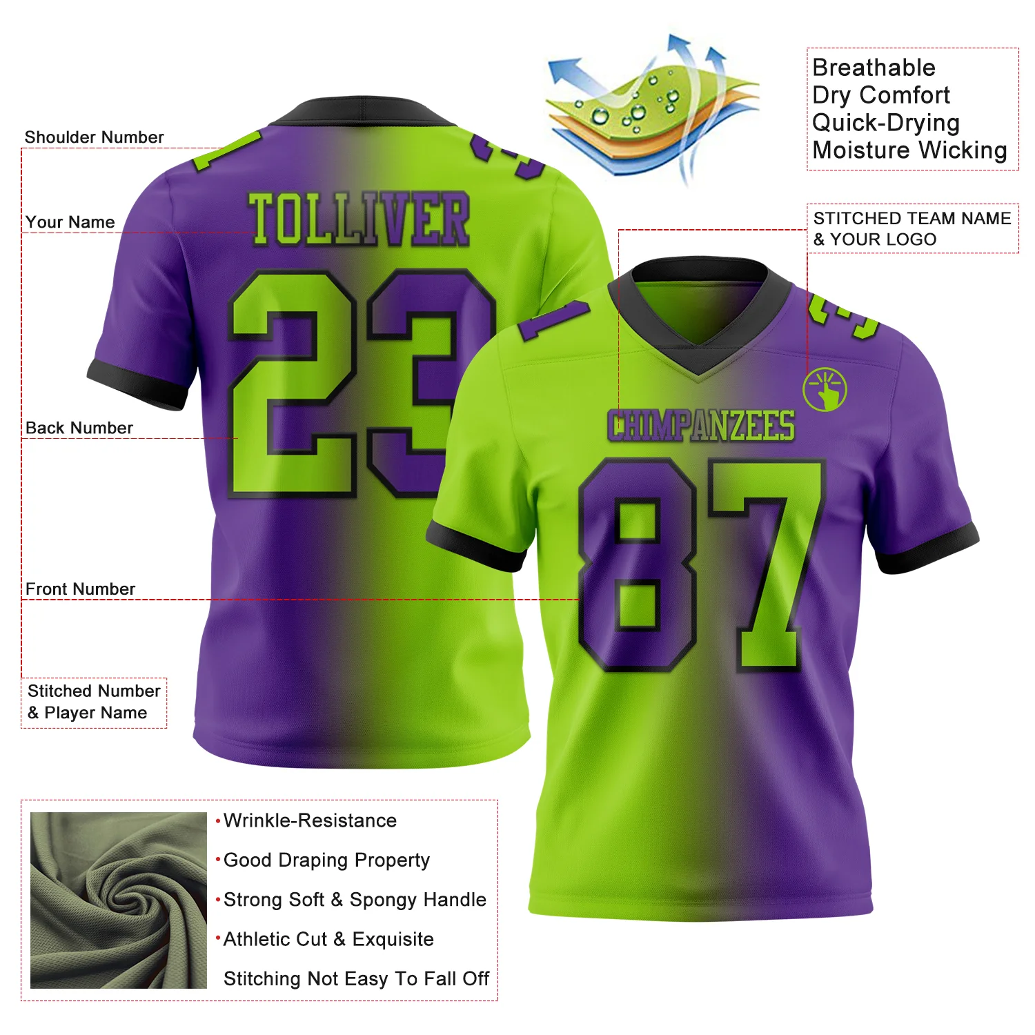 Custom Purple Neon Green-Black Authentic Gradient Fashion Football Jersey