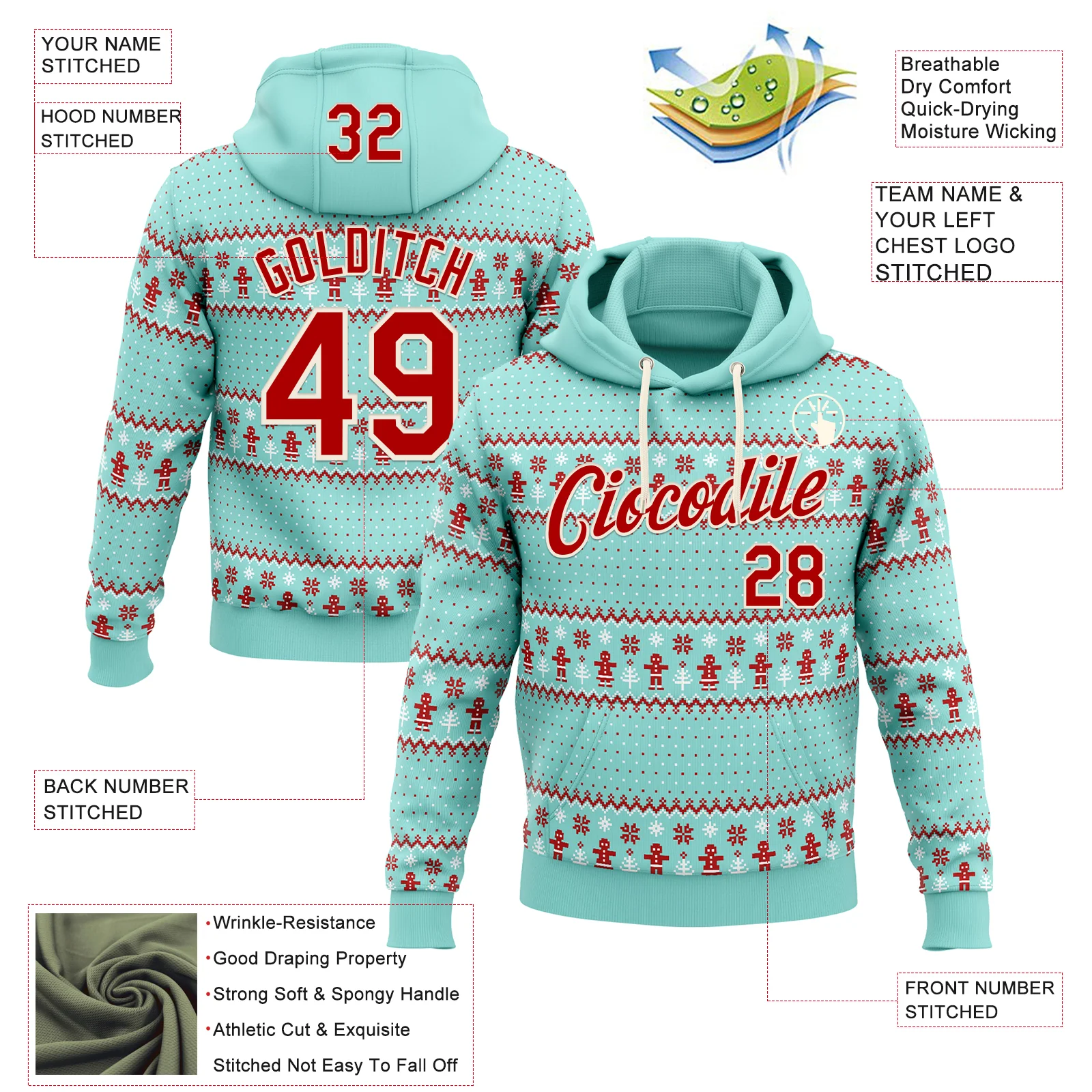Custom Stitched Ice Blue Red-Cream 3D Christmas Ugly Sweater Sports Pullover Sweatshirt Hoodie