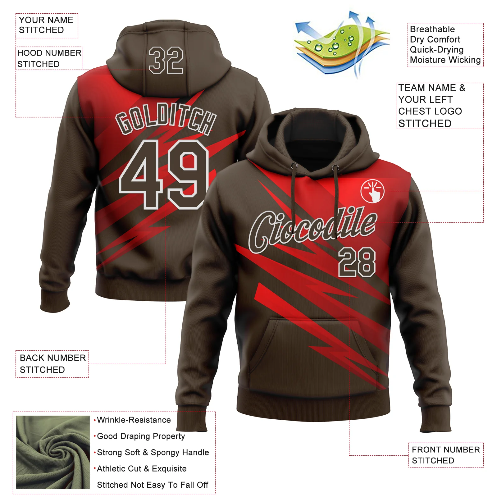 Custom Stitched Brown Red-White 3D Pattern Design Line Sports Pullover Sweatshirt Hoodie