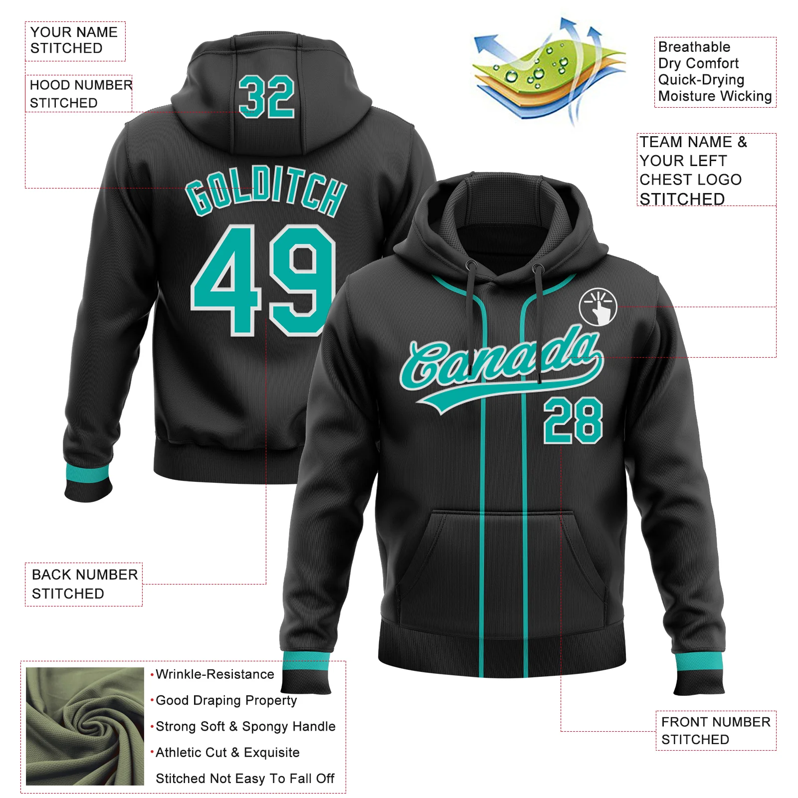 Custom Stitched Black Aqua-White Baseball Pullover Sweatshirt Hoodie