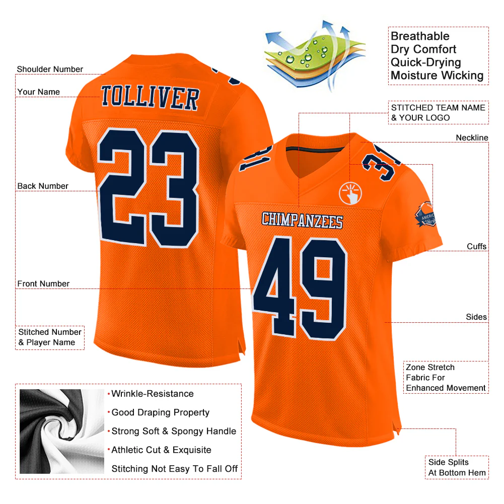 Custom Orange Navy-White Mesh Authentic Football Jersey