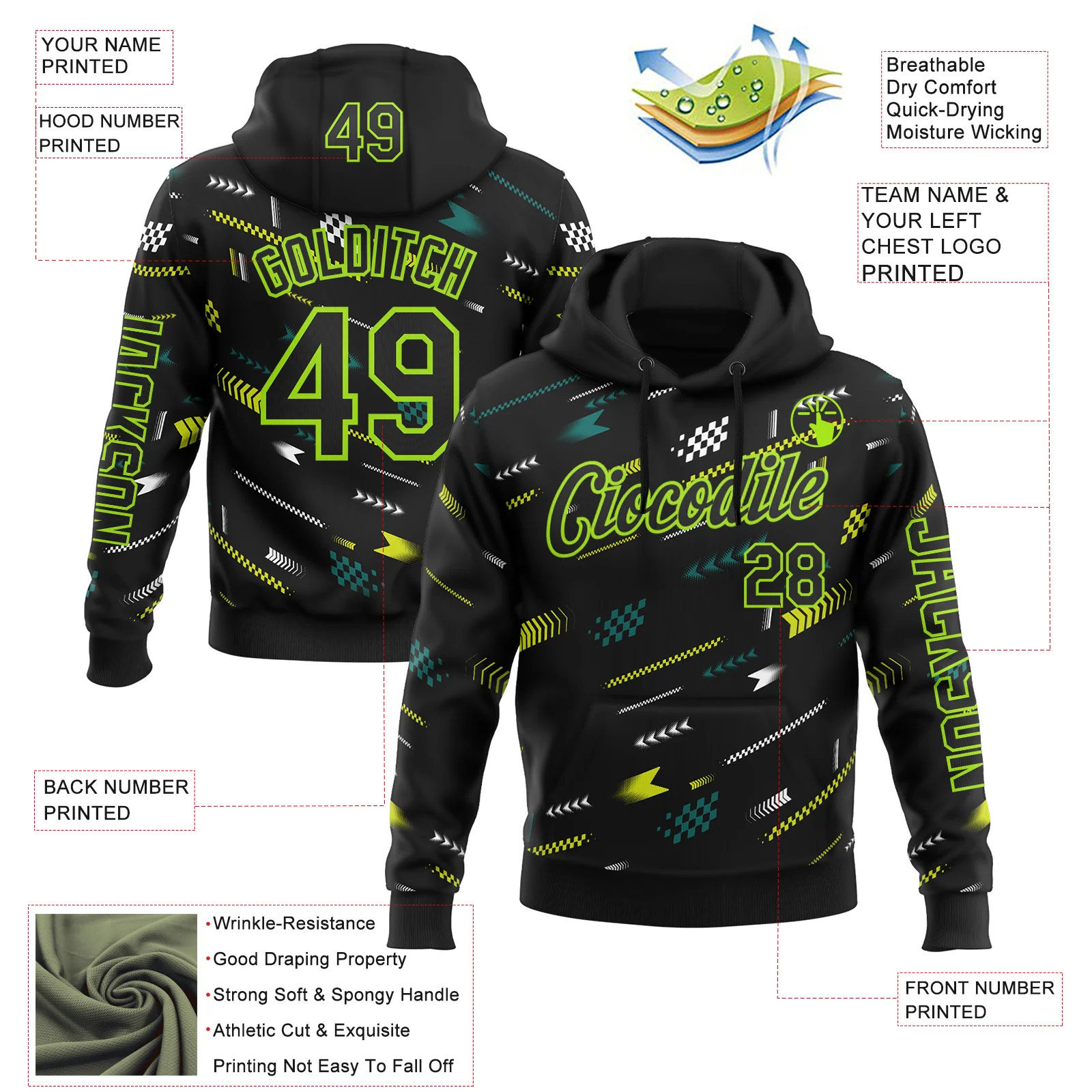 Custom Black Neon Green-White 3D Pattern Design Formula Auto Car Racing Motorsport Sports Pullover Sweatshirt Hoodie