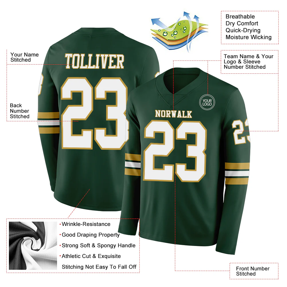 Custom Green White-Old Gold Long Sleeve Authentic Football Jersey