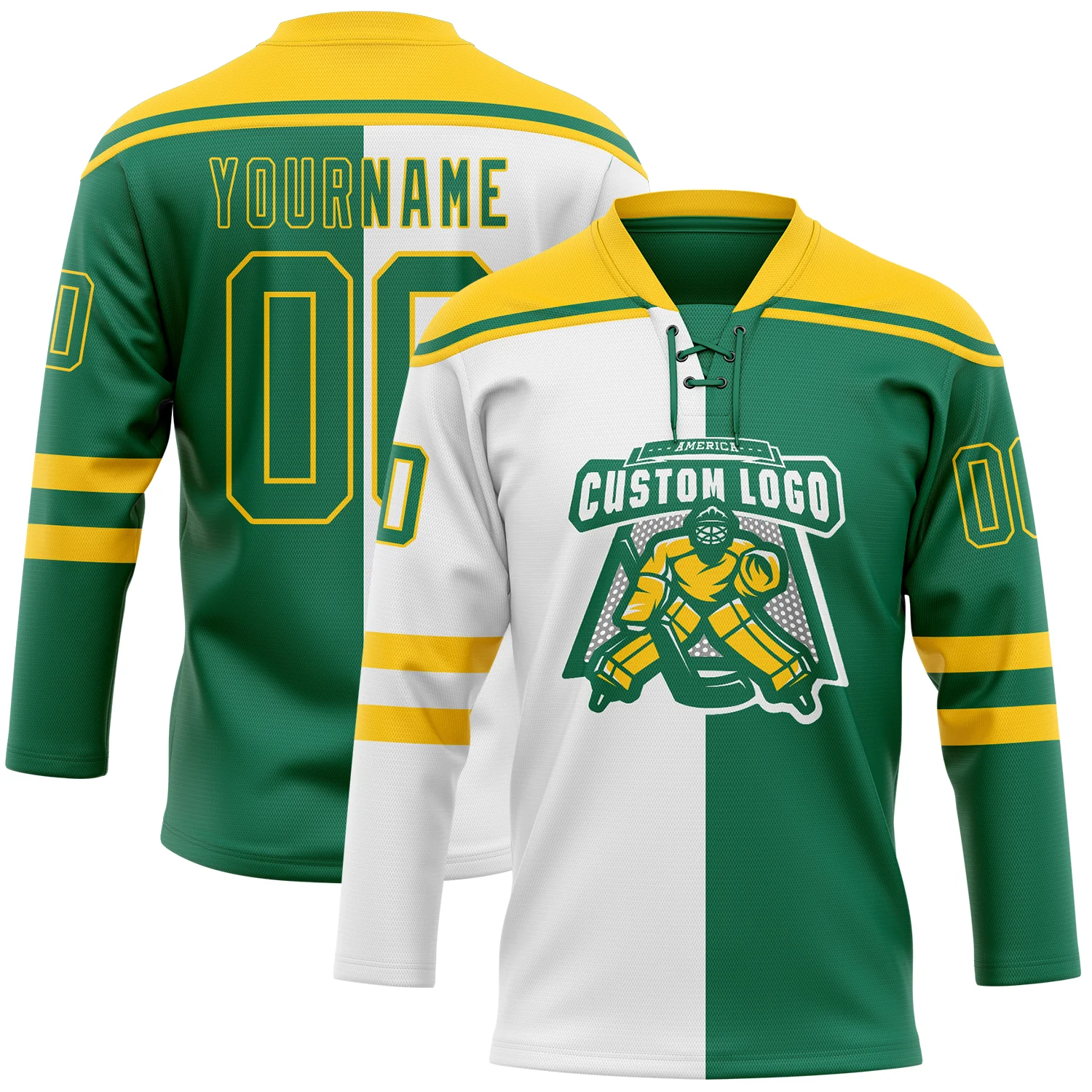 Custom Kelly Green Gold-White Split Fashion Hockey Lace Neck Jersey