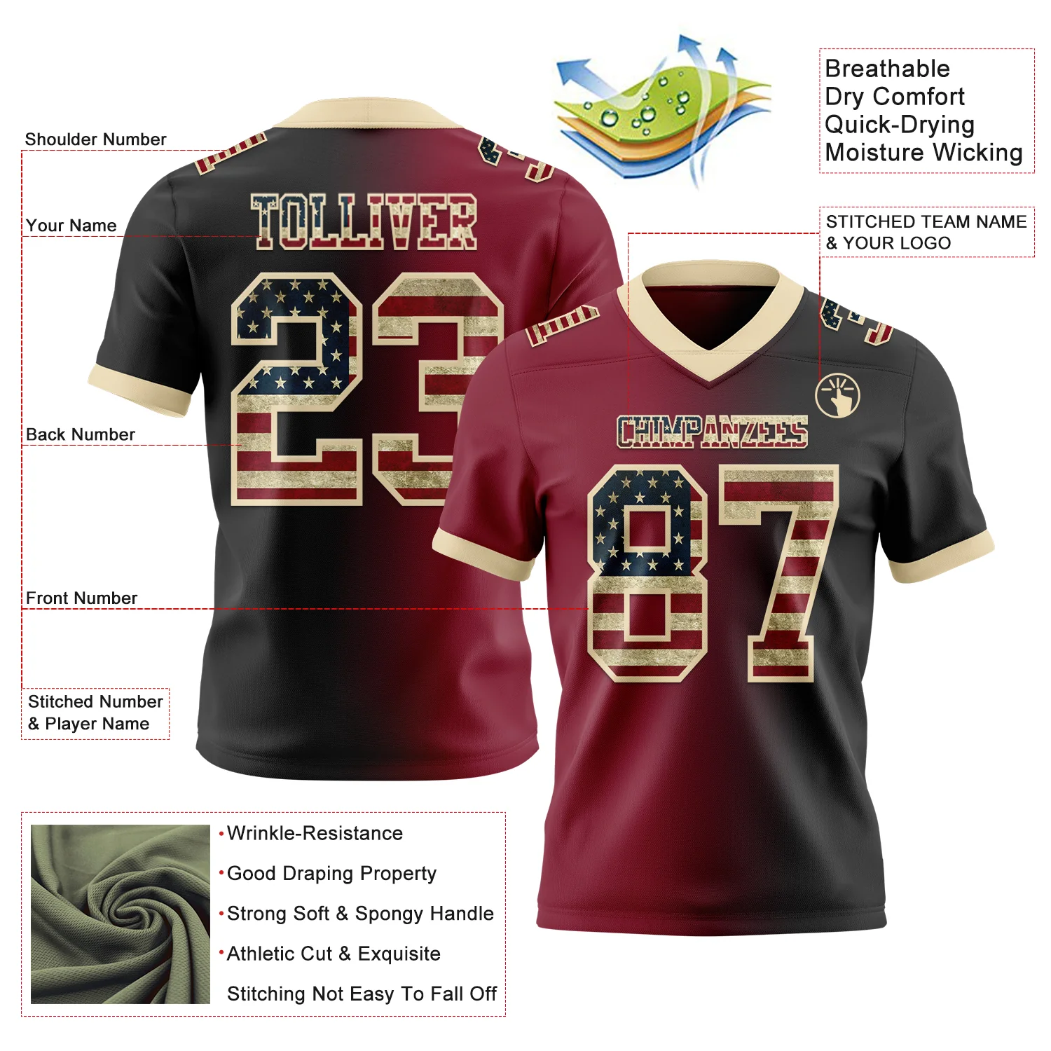 Custom Black Vintage USA Flag Crimson-Cream Authentic Gradient Fashion Football Jersey